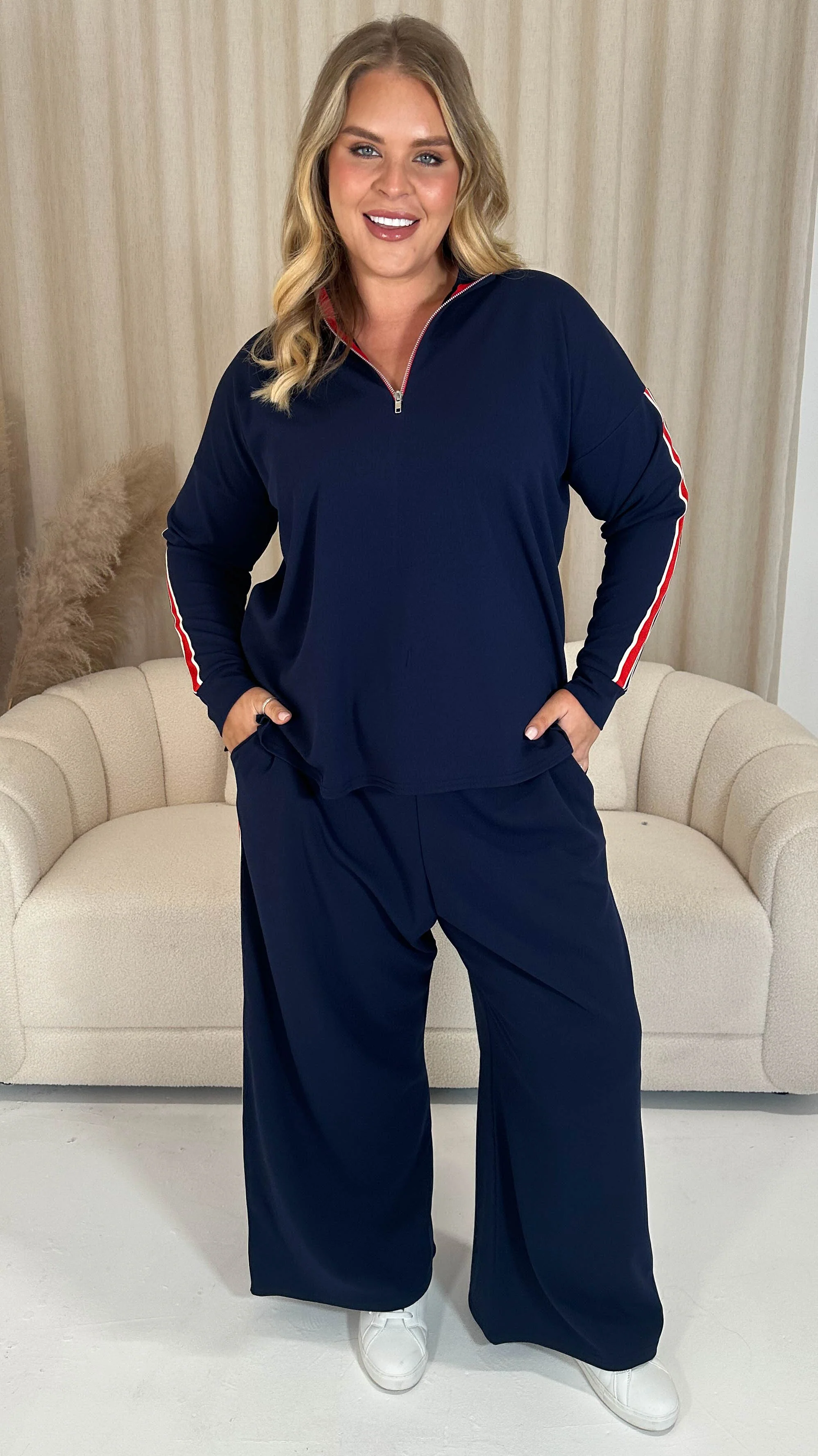 CurveWow Half Zip Tape Shoulder Top Navy - Image 7