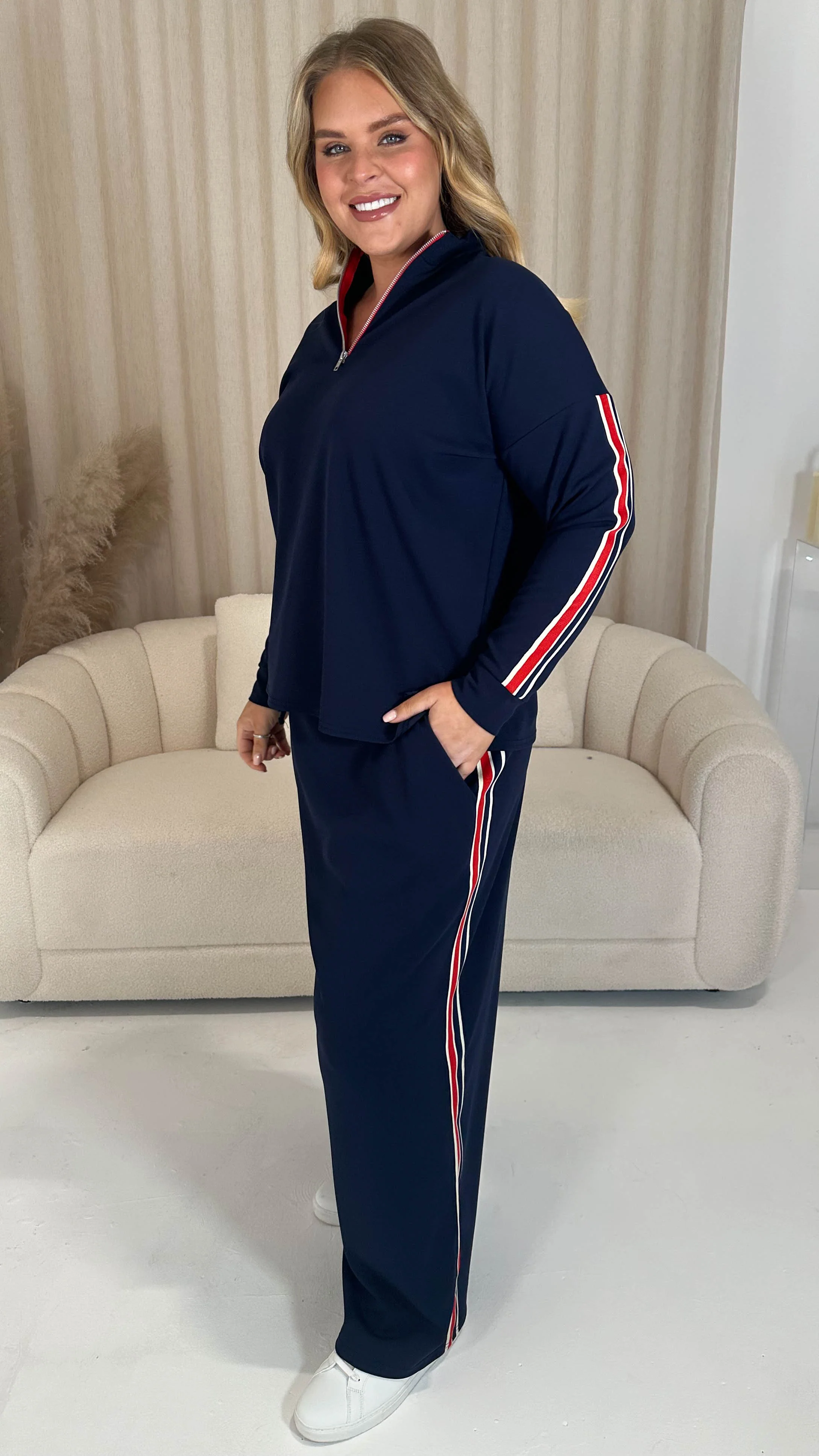 CurveWow Half Zip Tape Shoulder Top Navy - Image 8