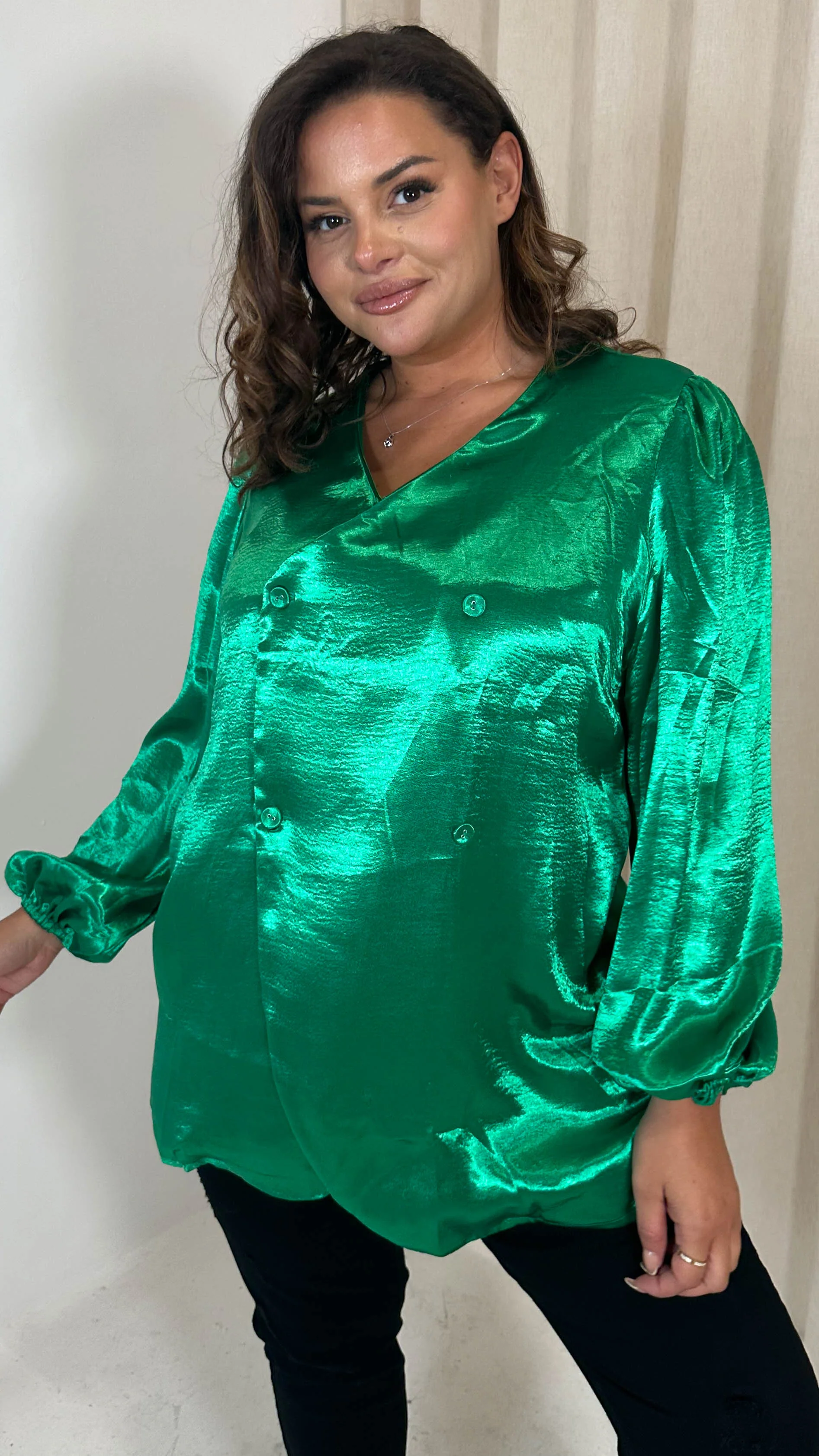 CurveWow Hammered Satin Wrap Blouse Green - Image 2