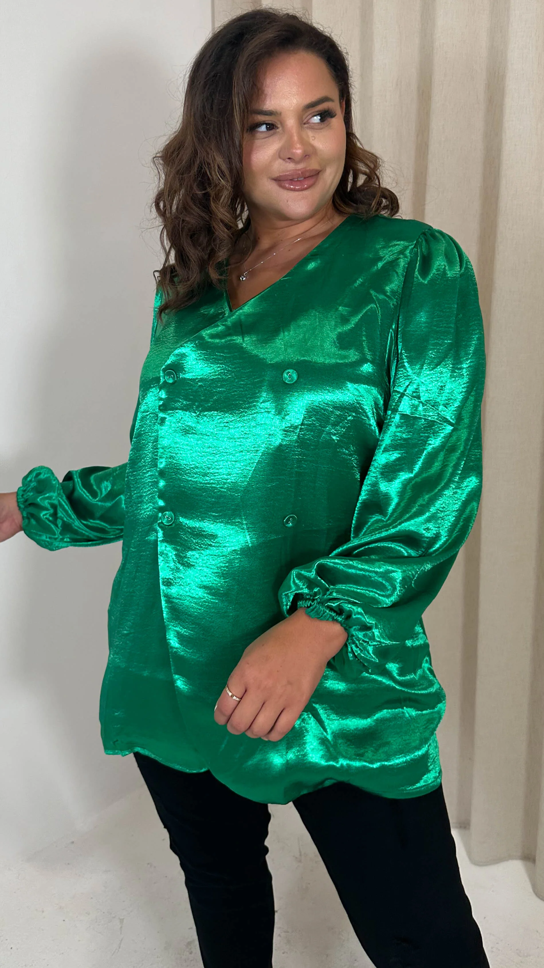 CurveWow Hammered Satin Wrap Blouse Green - Image 3