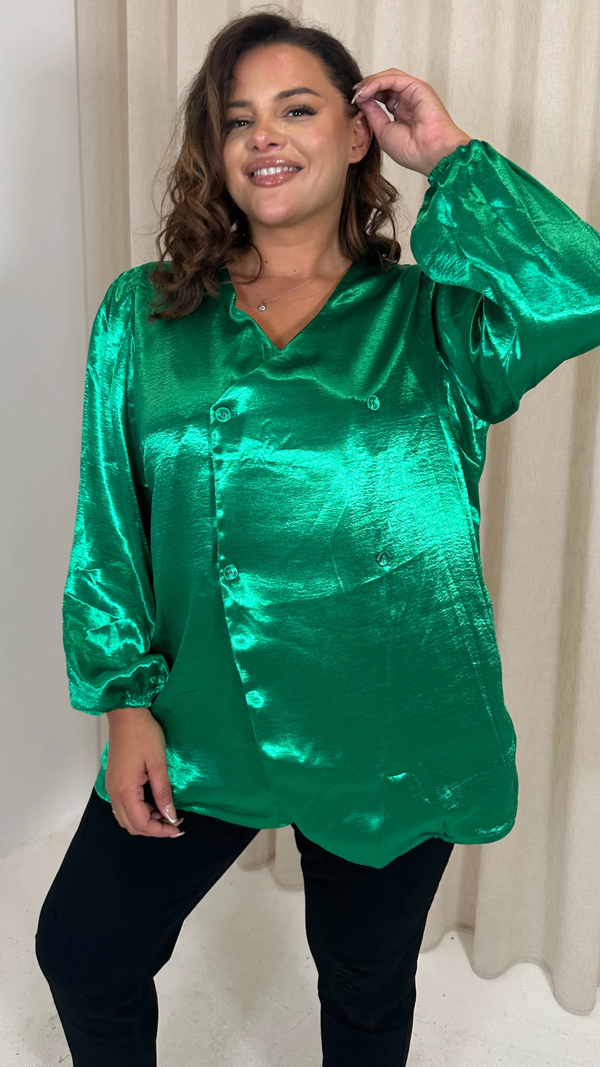 CurveWow Hammered Satin Wrap Blouse Green - Image 4