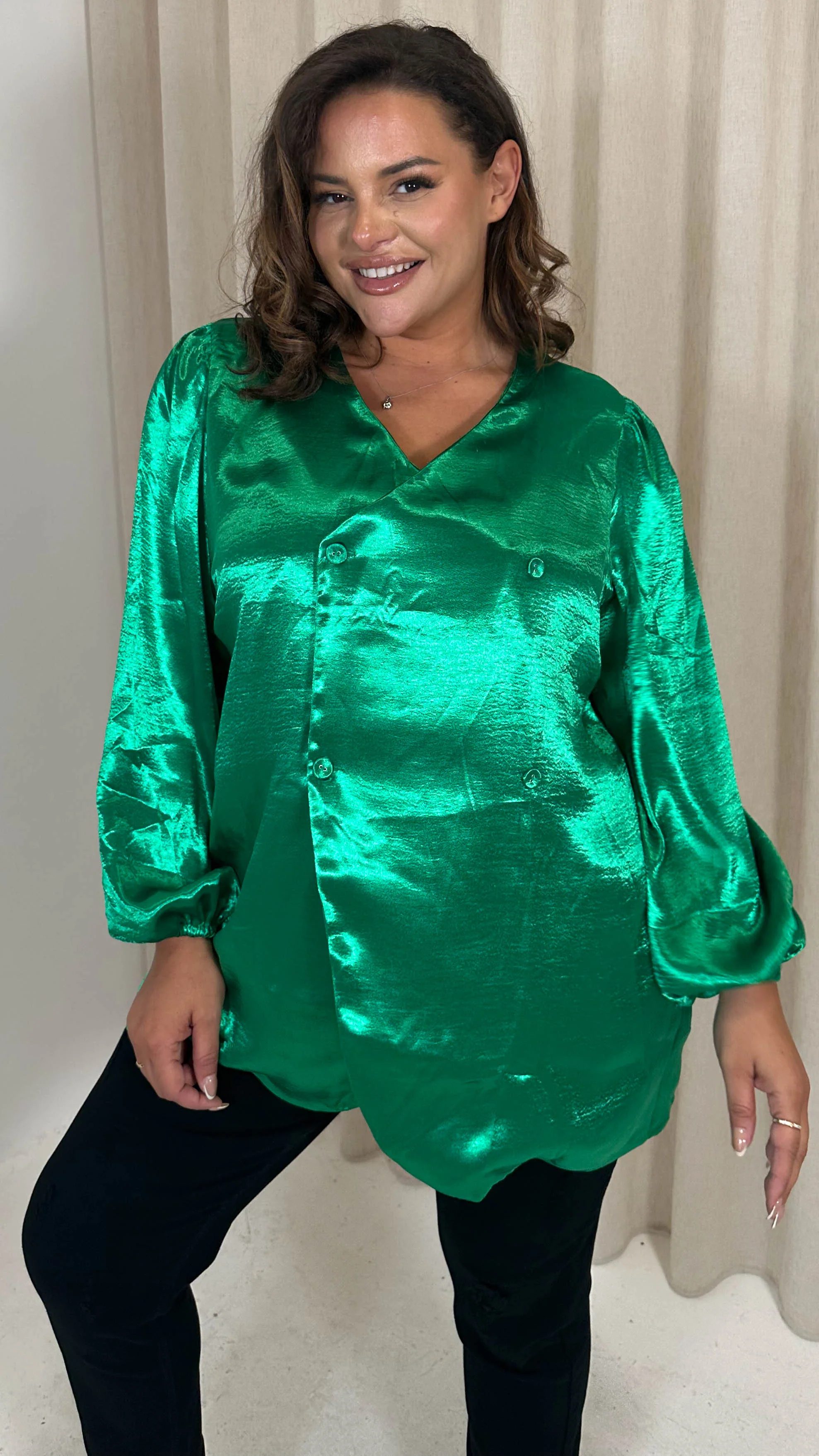 CurveWow Hammered Satin Wrap Blouse Green - Image 5