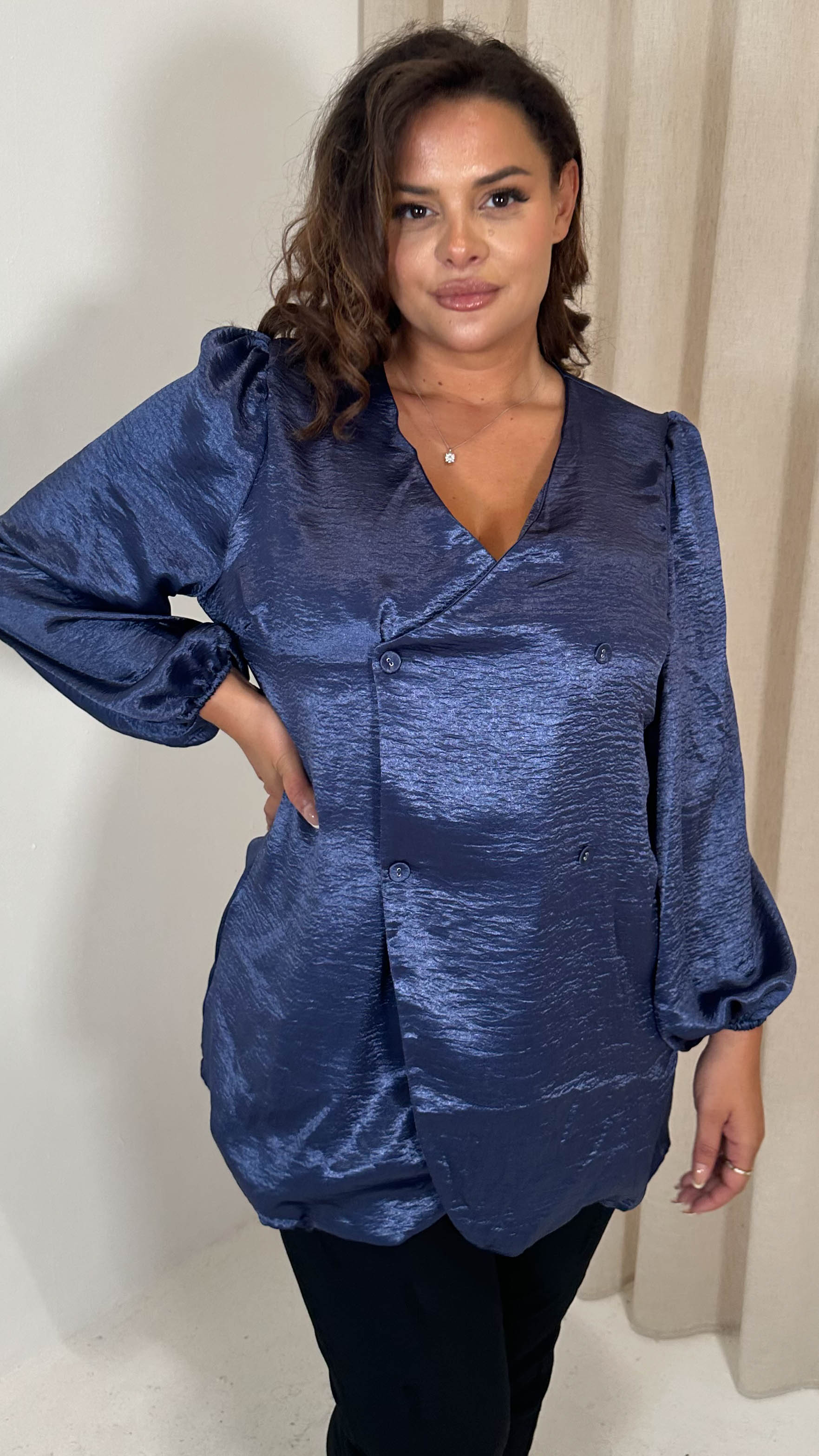 CurveWow Hammered Satin Wrap Blouse Navy - Image 6