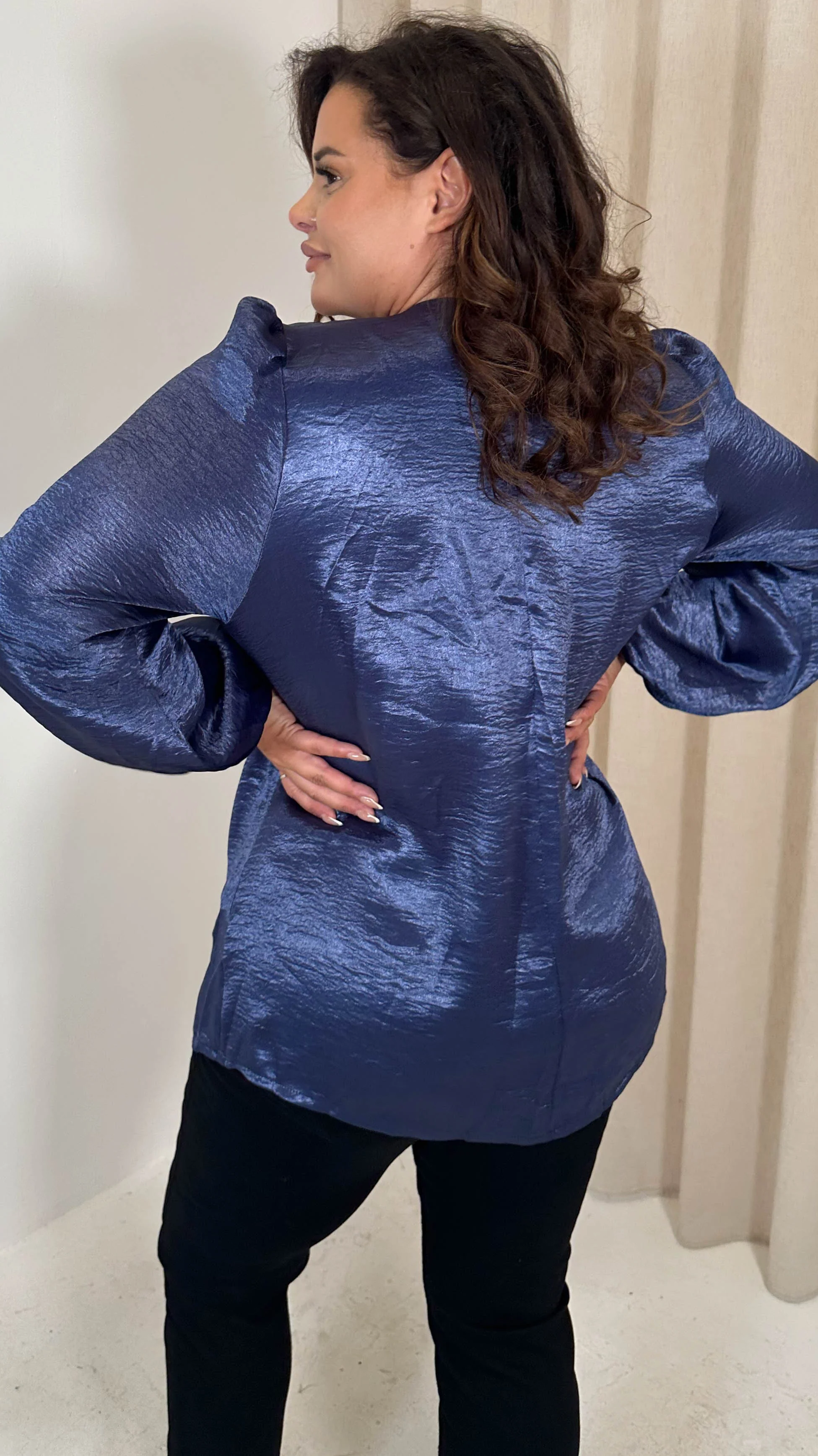 CurveWow Hammered Satin Wrap Blouse Navy - Image 8