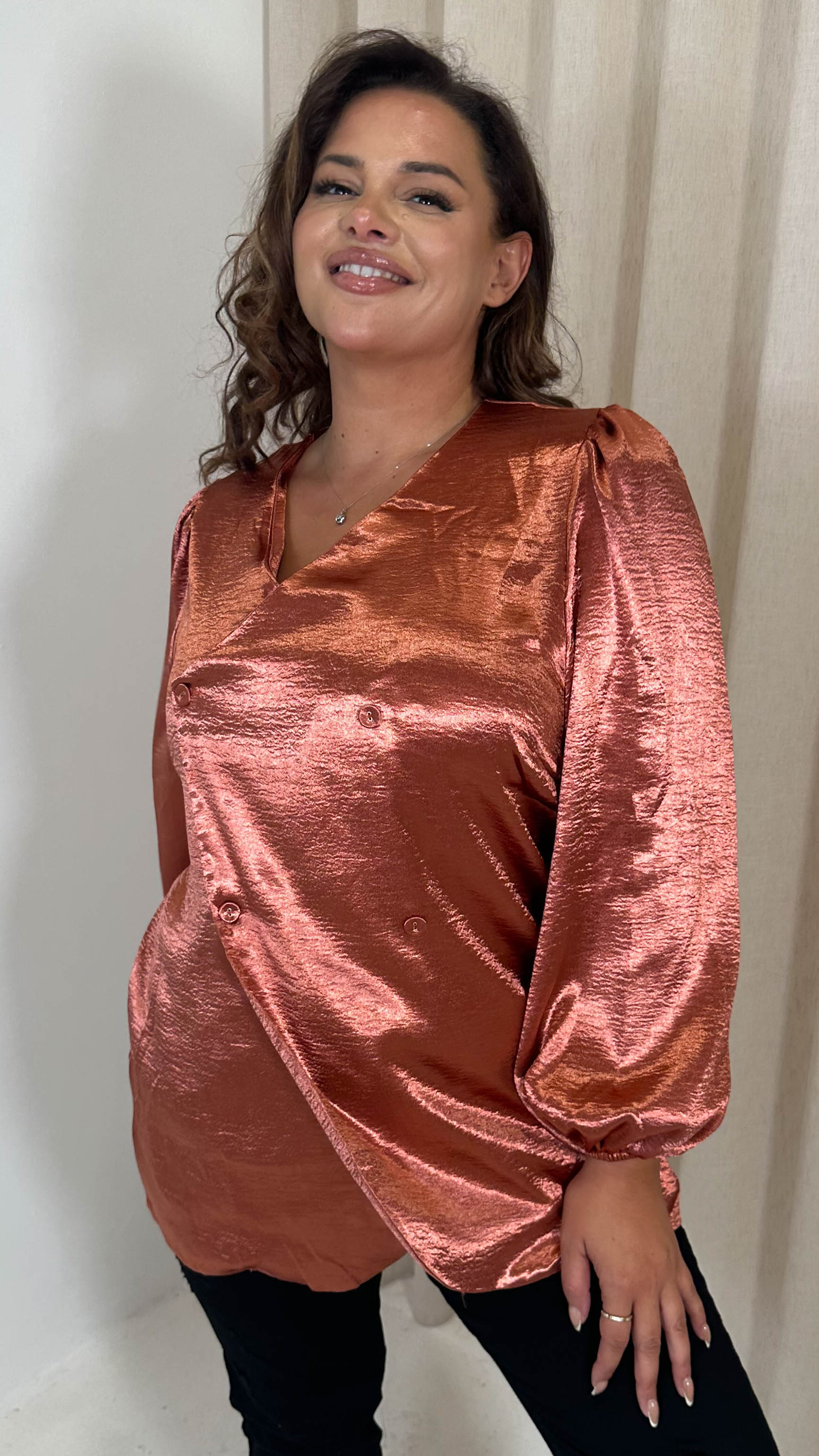 CurveWow Hammered Satin Wrap Blouse Rust - Image 2