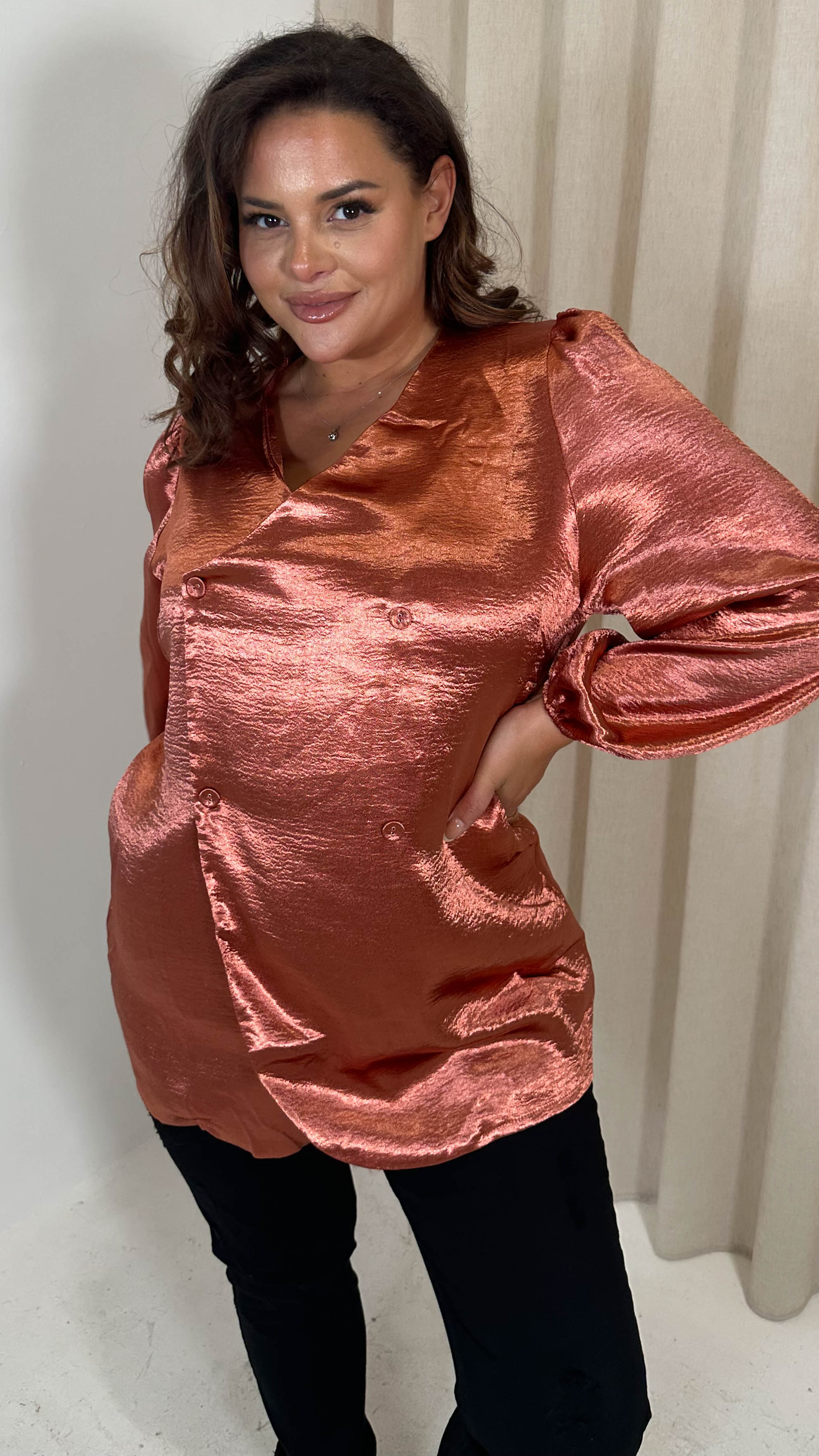 CurveWow Hammered Satin Wrap Blouse Rust - Image 3