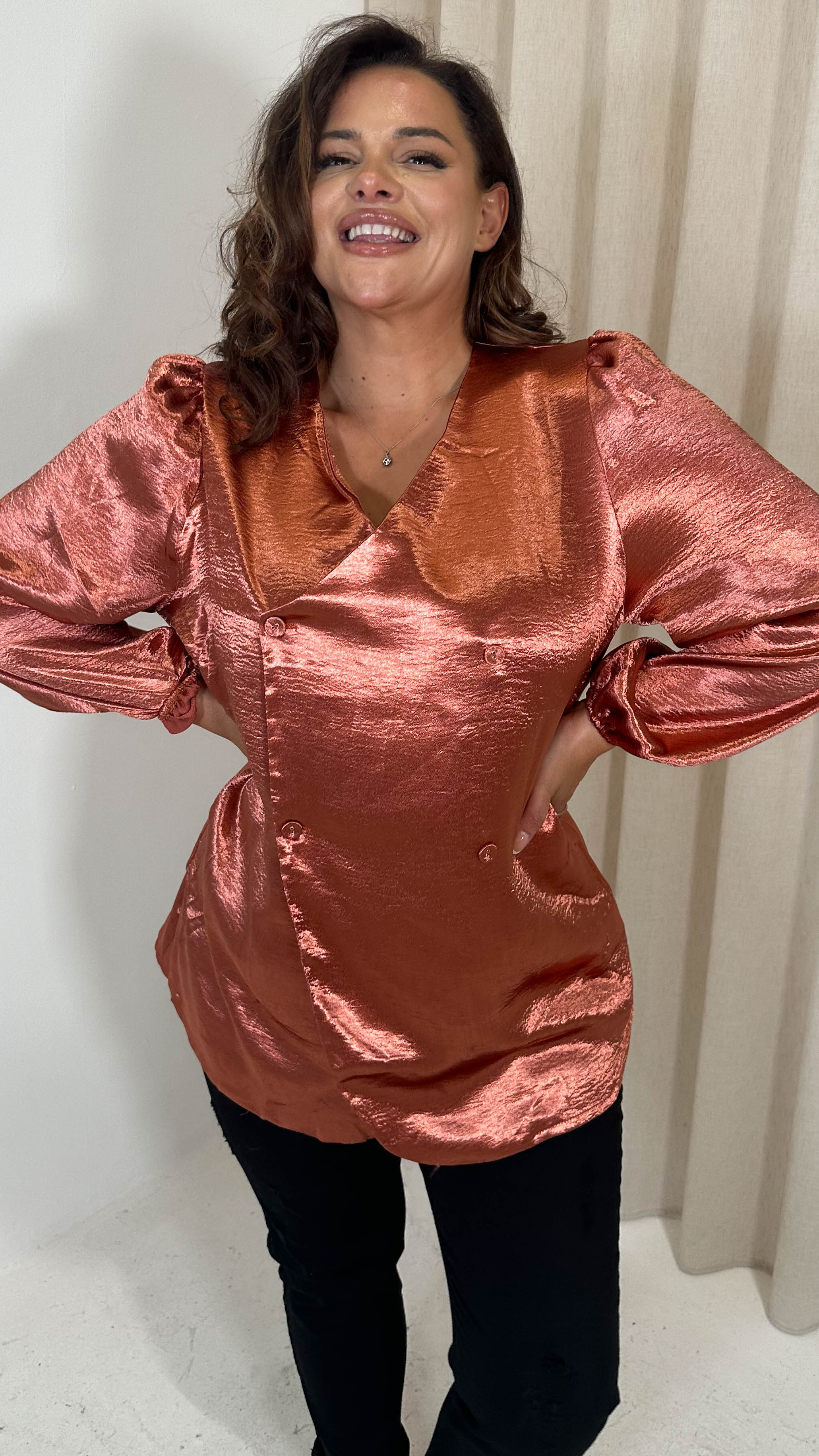 CurveWow Hammered Satin Wrap Blouse Rust - Image 4