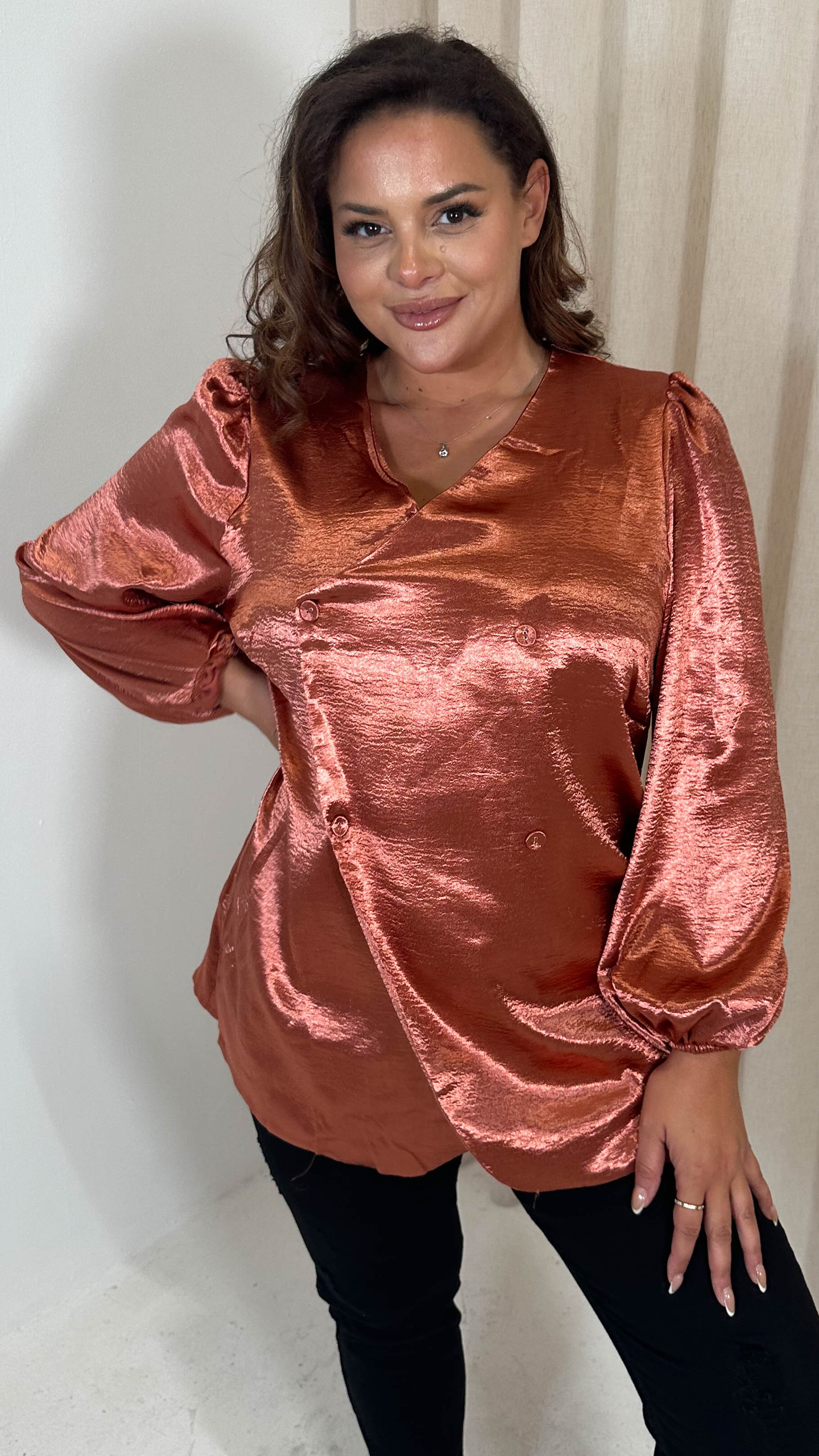 CurveWow Hammered Satin Wrap Blouse Rust - Image 5