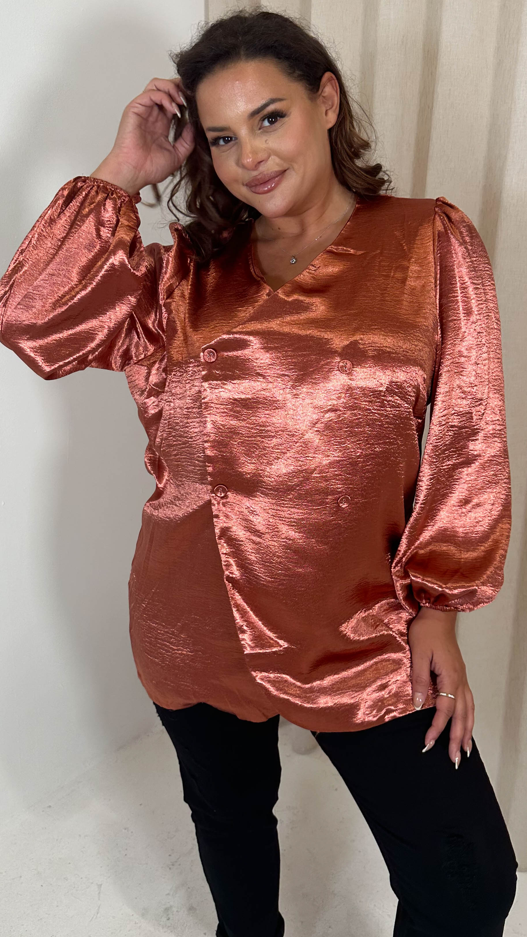 CurveWow Hammered Satin Wrap Blouse Rust - Image 6