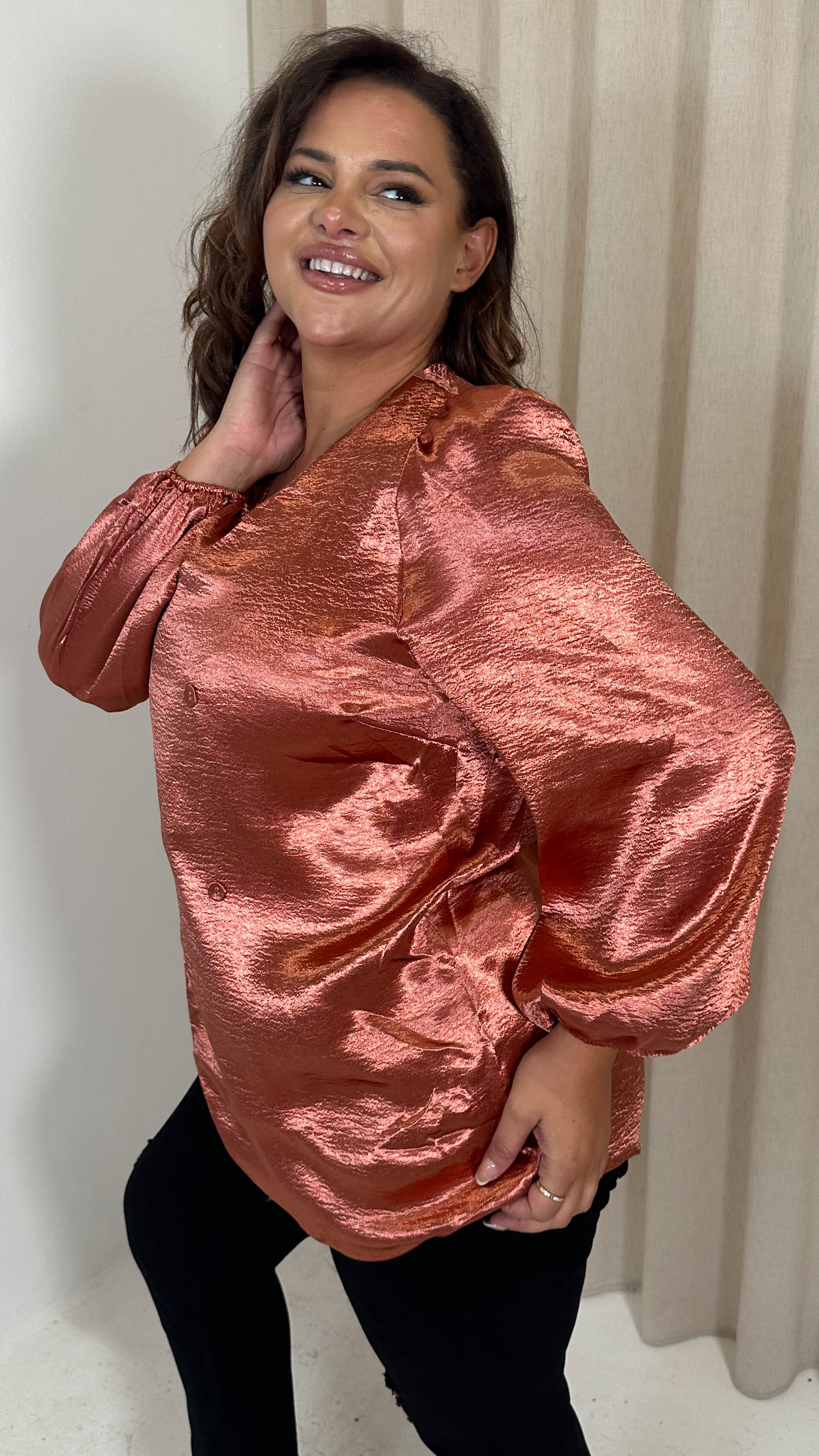 CurveWow Hammered Satin Wrap Blouse Rust - Image 7