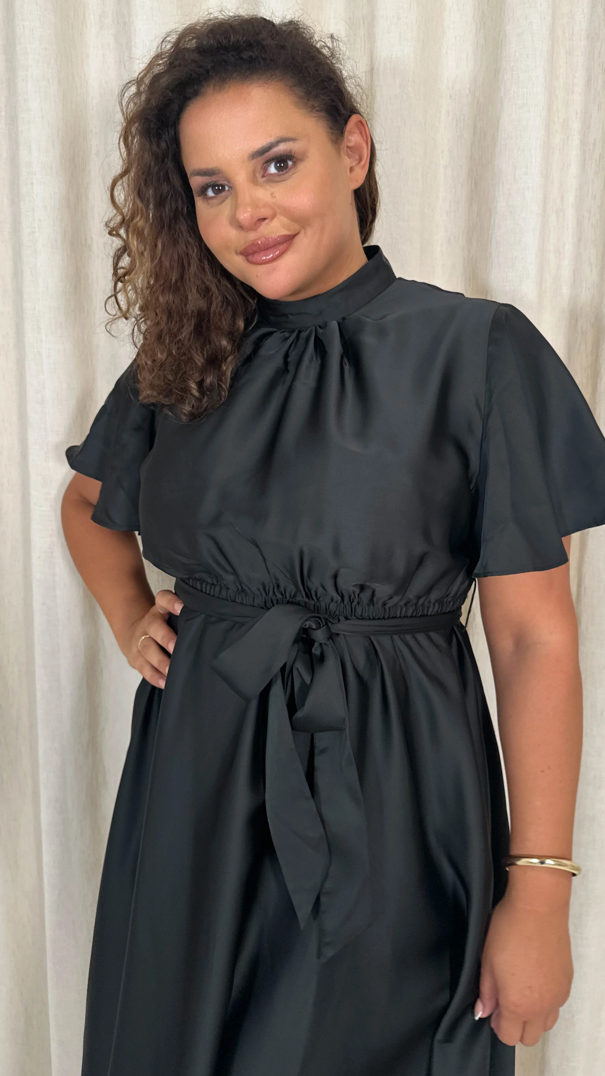 CurveWow High Neck Angel Sleeve Pleated Midi Dress Black - Image 2