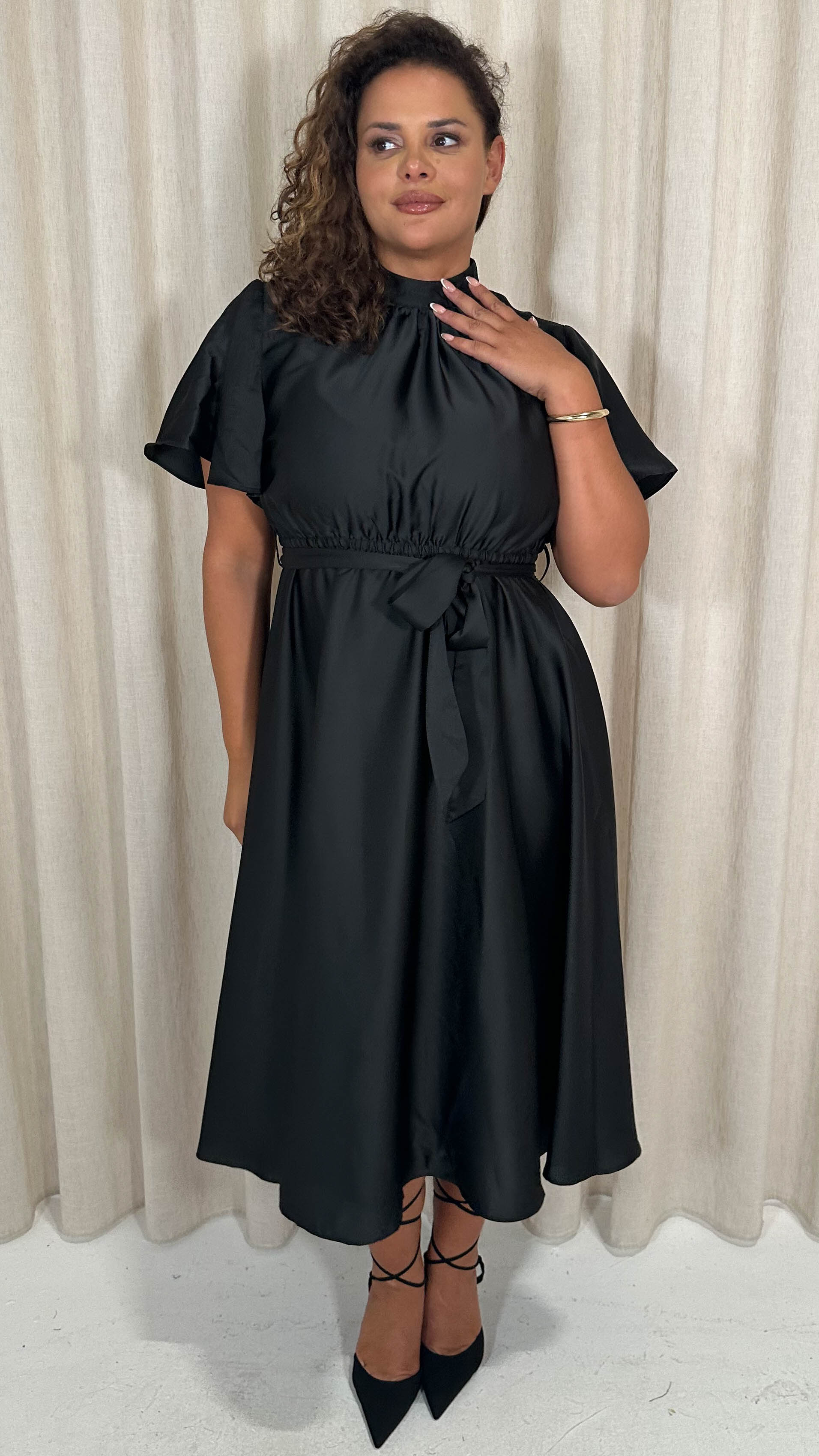 CurveWow High Neck Angel Sleeve Pleated Midi Dress Black - Image 3