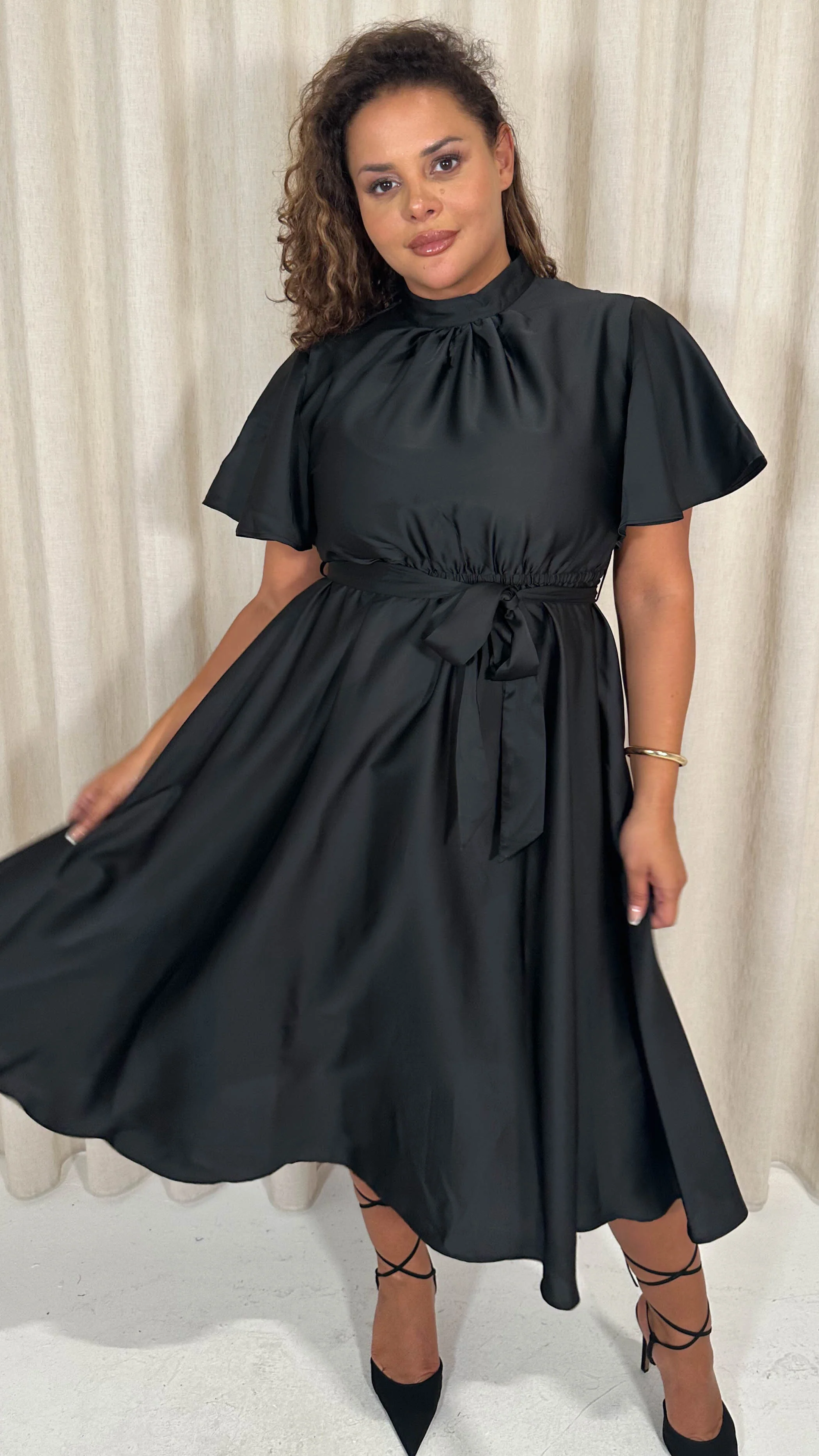 CurveWow High Neck Angel Sleeve Pleated Midi Dress Black - Image 5
