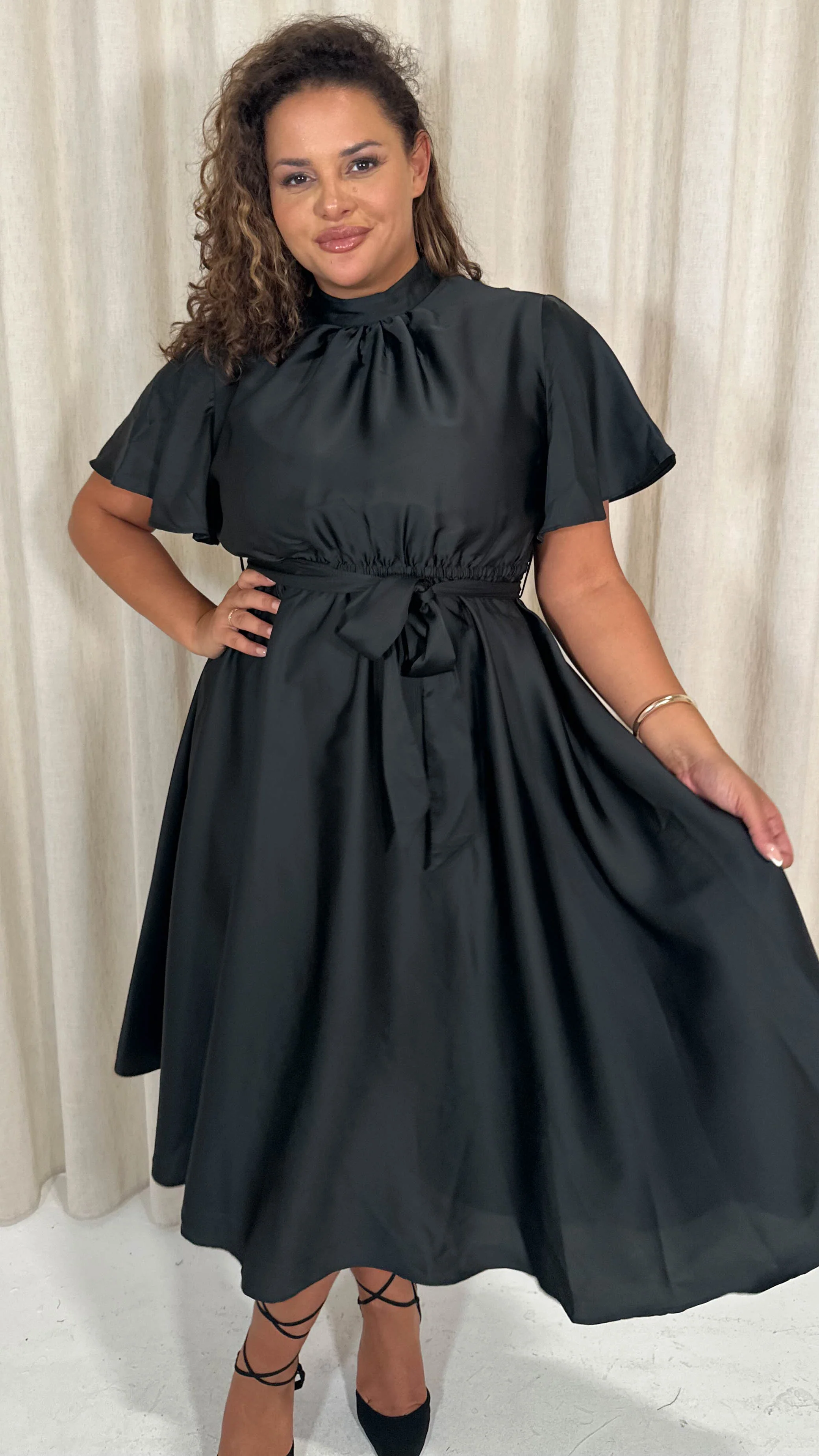 CurveWow High Neck Angel Sleeve Pleated Midi Dress Black - Image 6