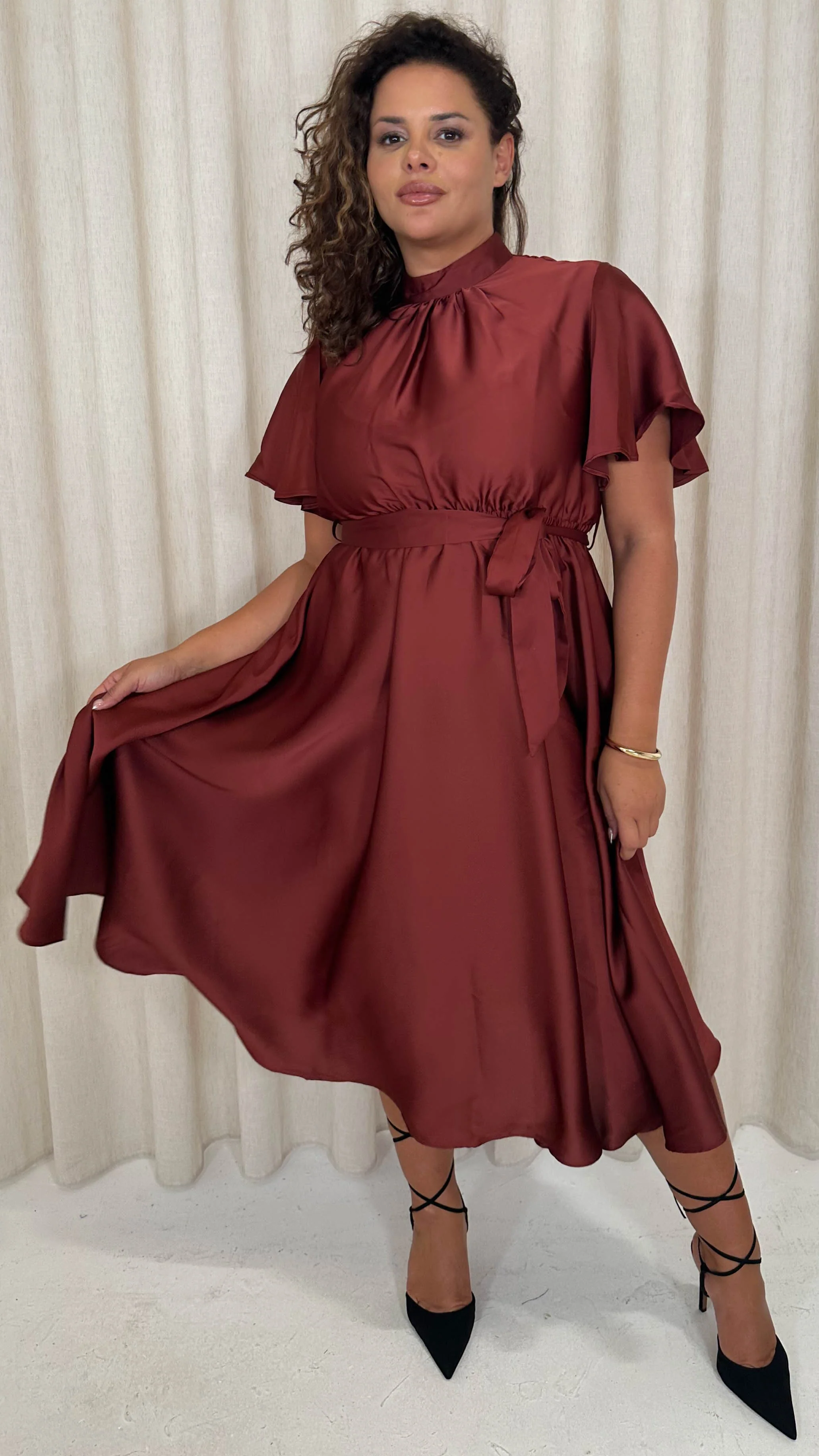 CurveWow High Neck Angel Sleeve Midi Dress Dark Rust - Image 2