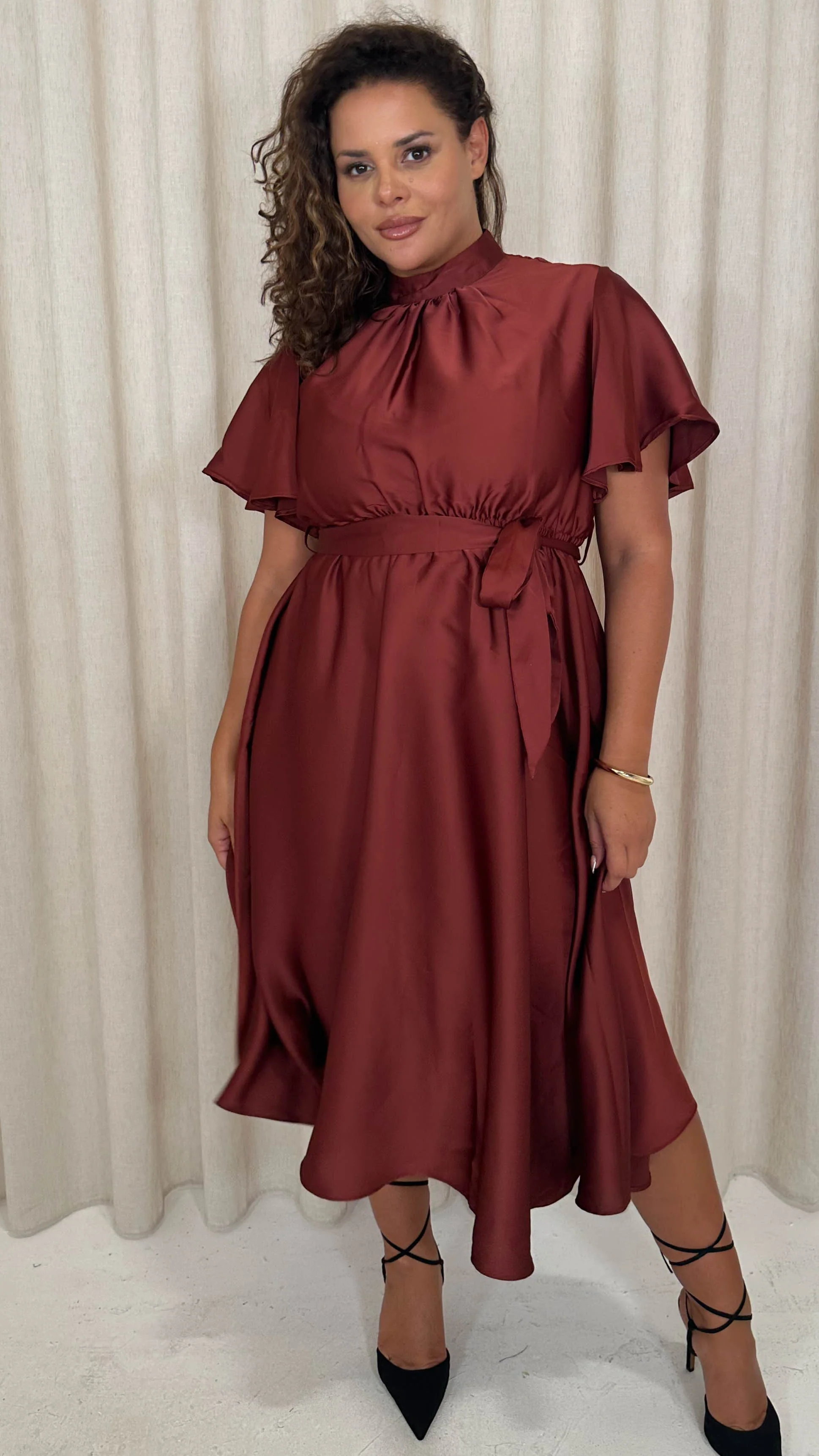 CurveWow High Neck Angel Sleeve Midi Dress Dark Rust - Image 4