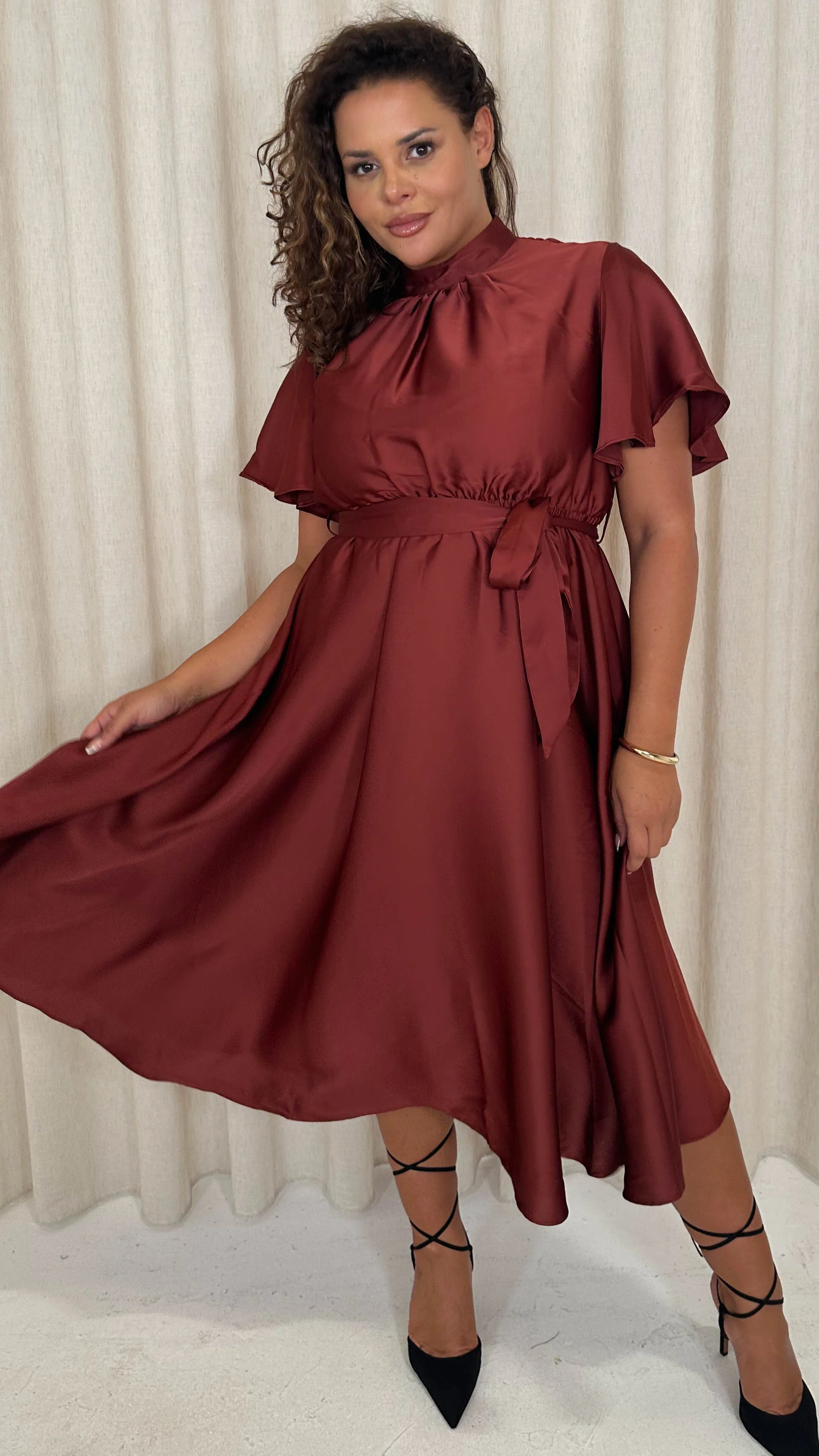 CurveWow High Neck Angel Sleeve Midi Dress Dark Rust - Image 5