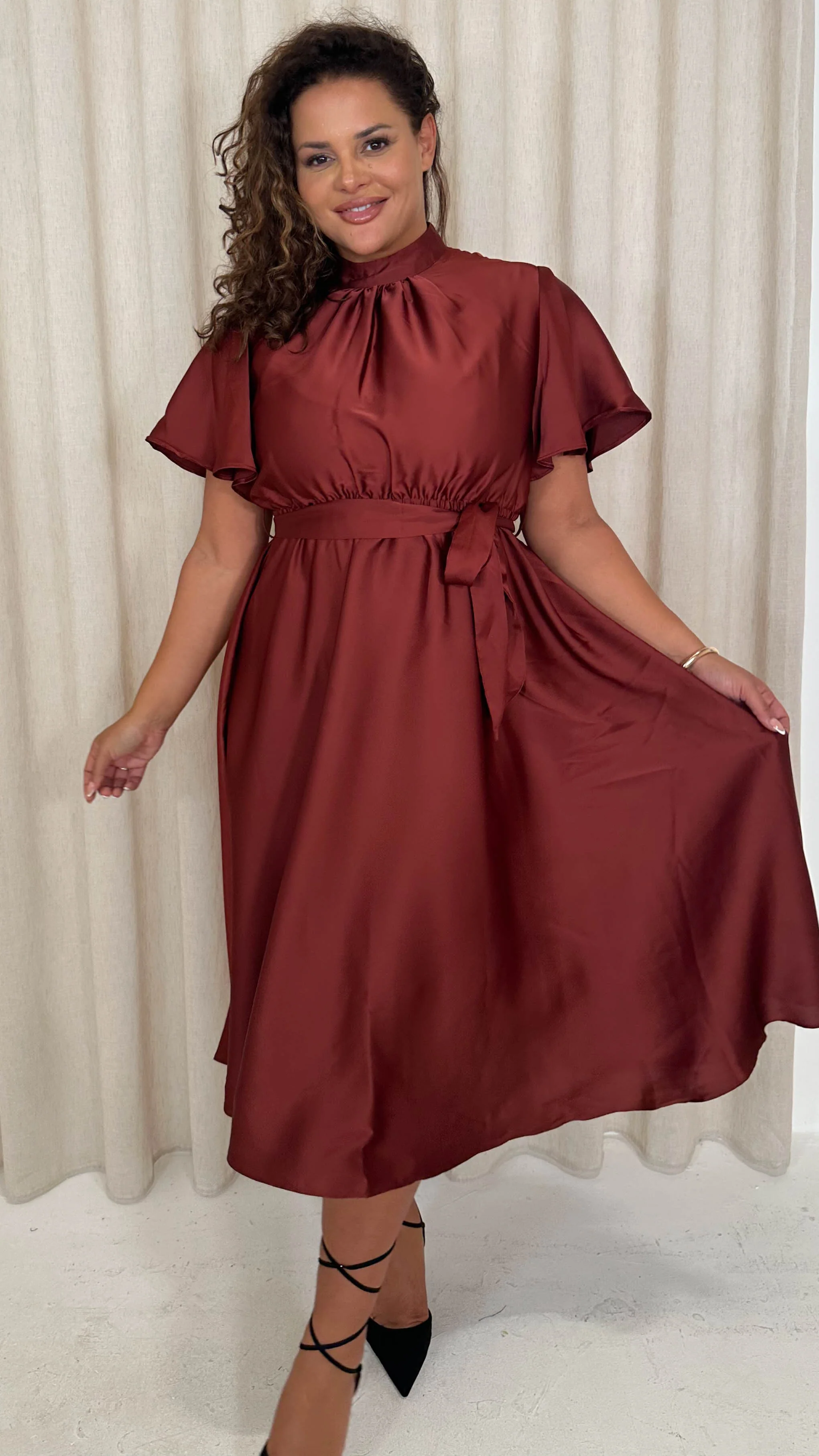 CurveWow High Neck Angel Sleeve Midi Dress Dark Rust - Image 6