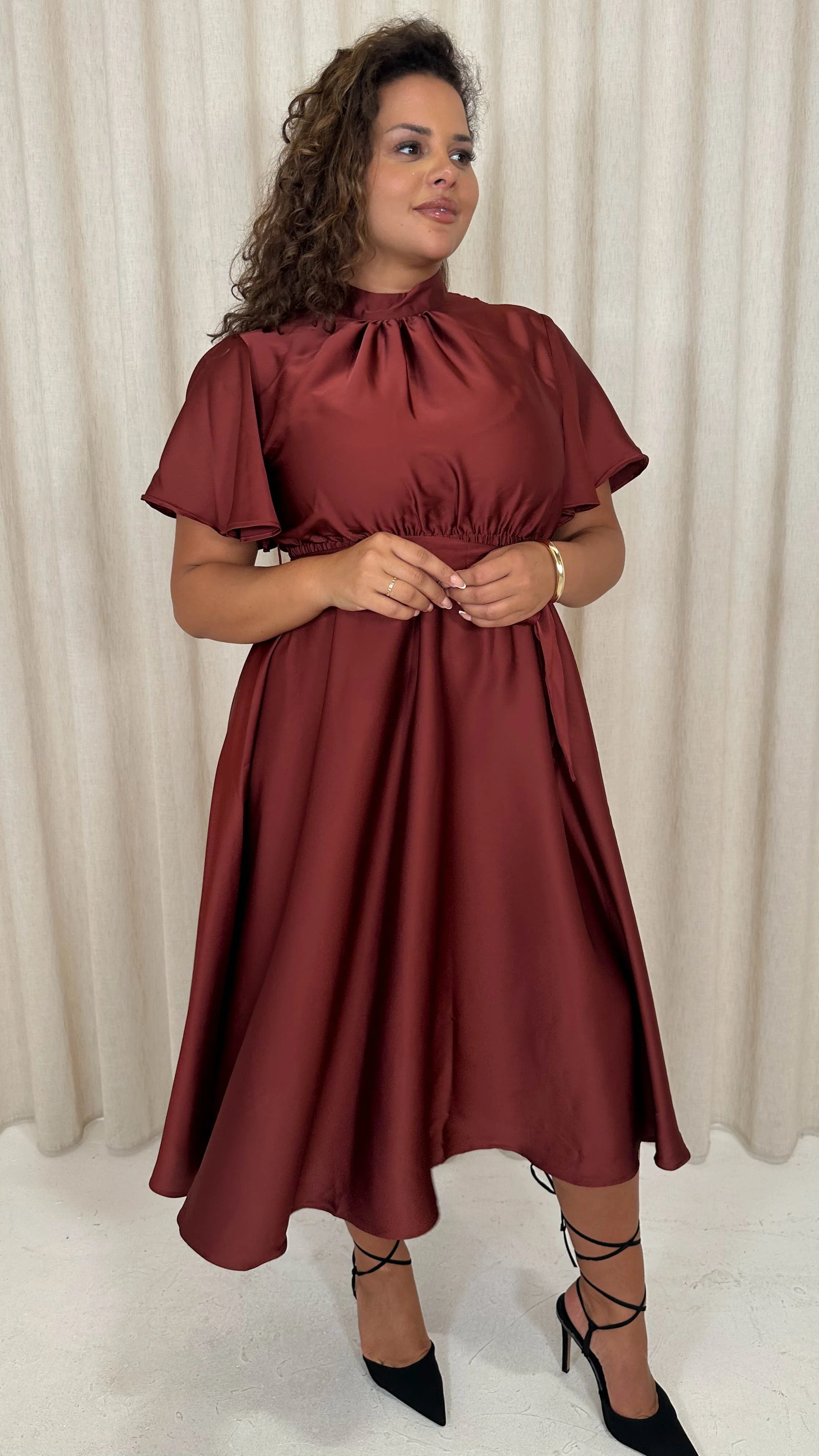 CurveWow High Neck Angel Sleeve Midi Dress Dark Rust - Image 7