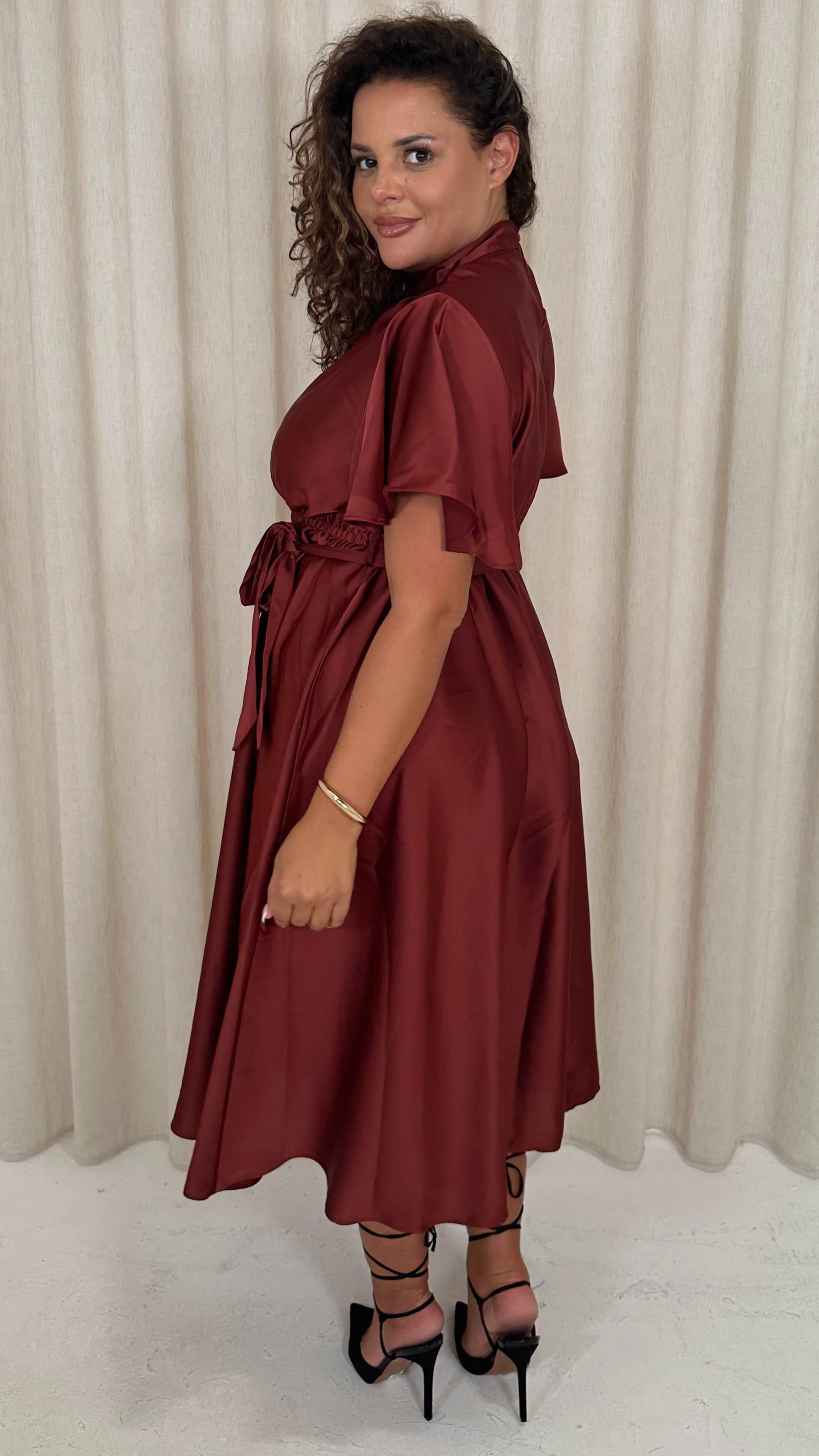 CurveWow High Neck Angel Sleeve Midi Dress Dark Rust - Image 9