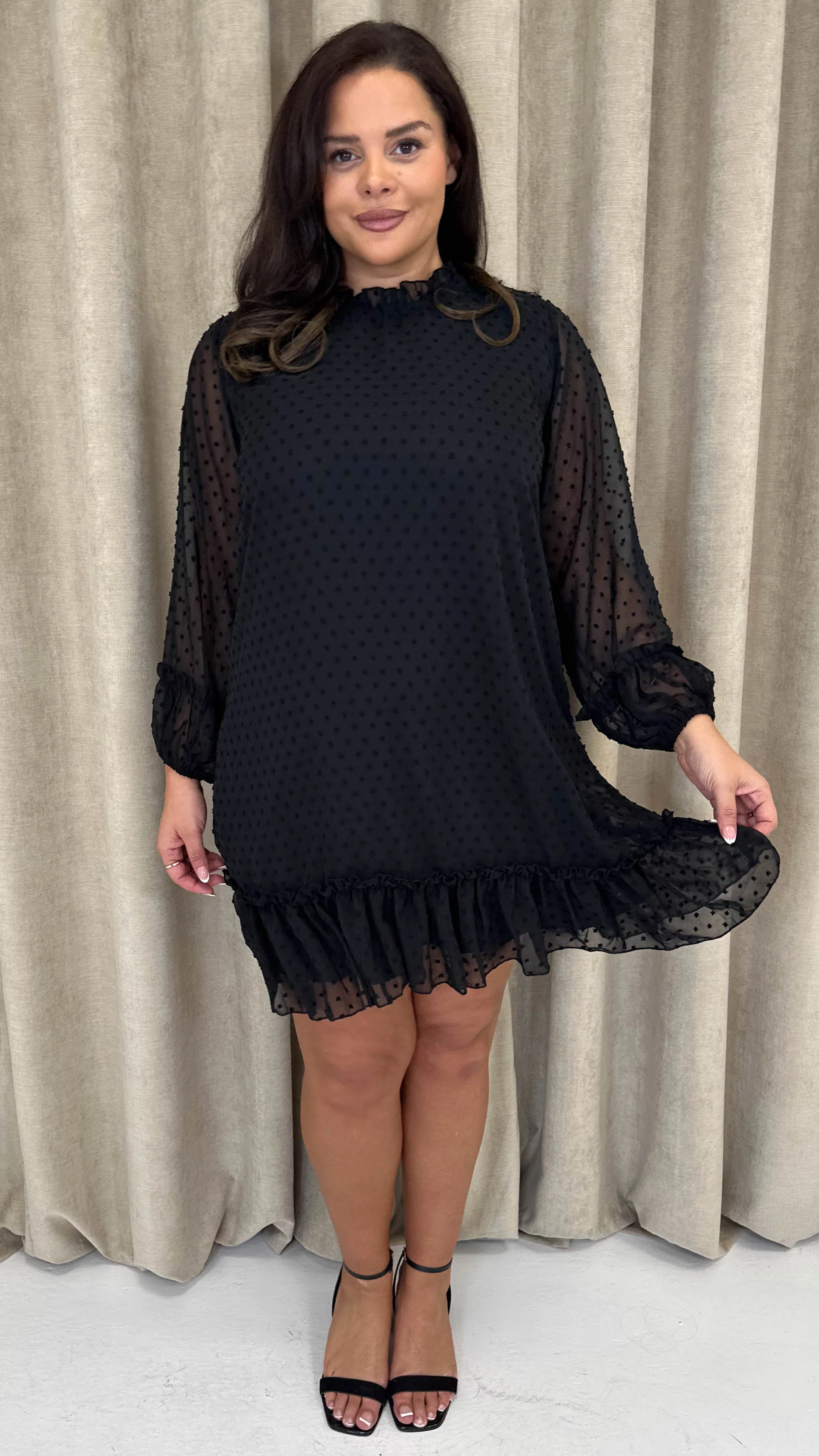CurveWow High Neck Dobby Mesh Mini Dress Black - Image 4