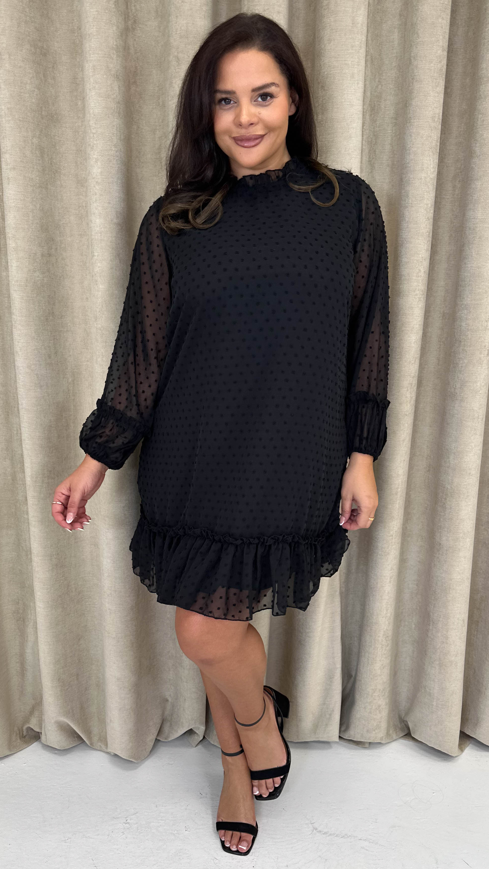 CurveWow High Neck Dobby Mesh Mini Dress Black - Image 5