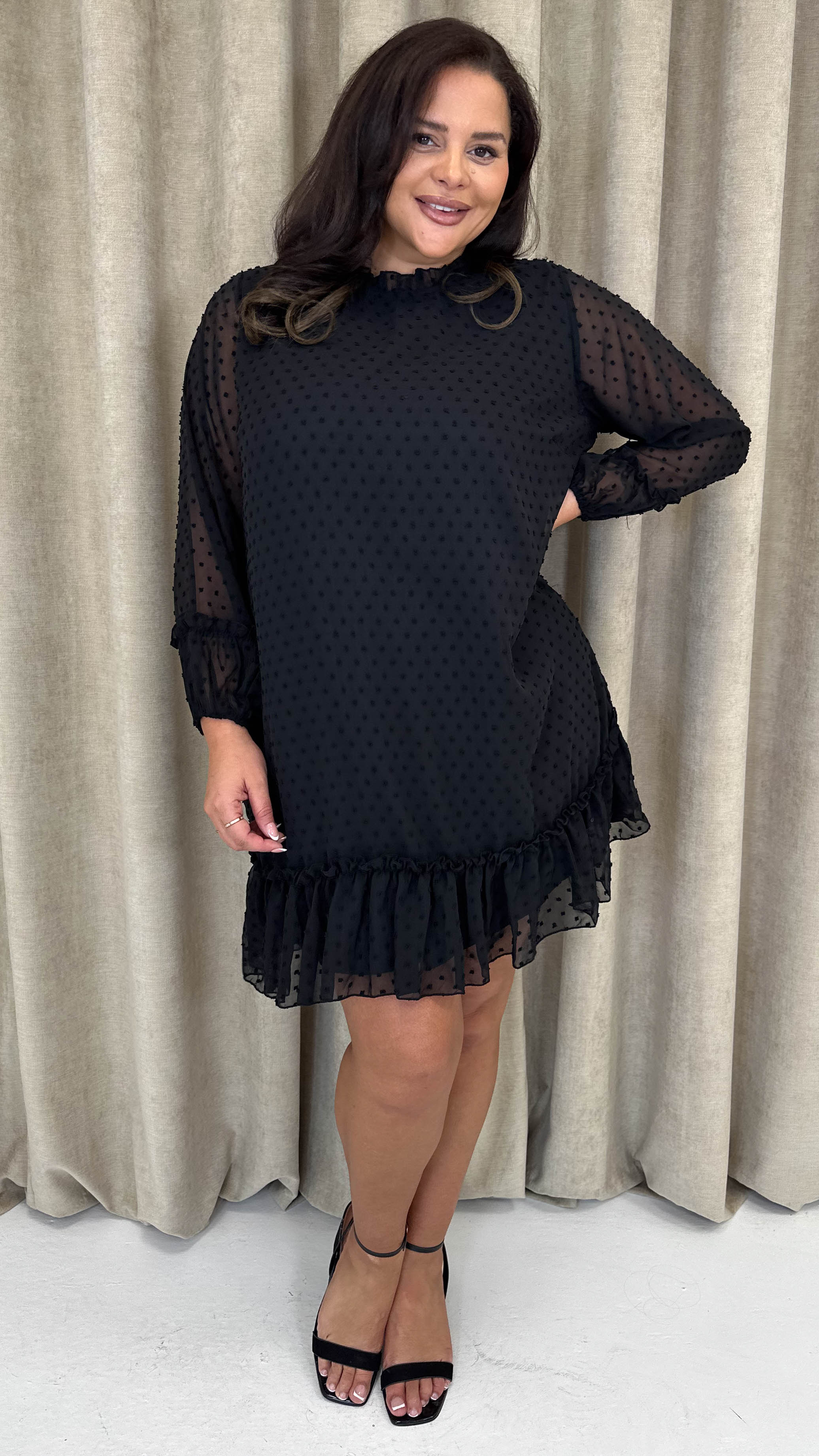 CurveWow High Neck Dobby Mesh Mini Dress Black - Image 7