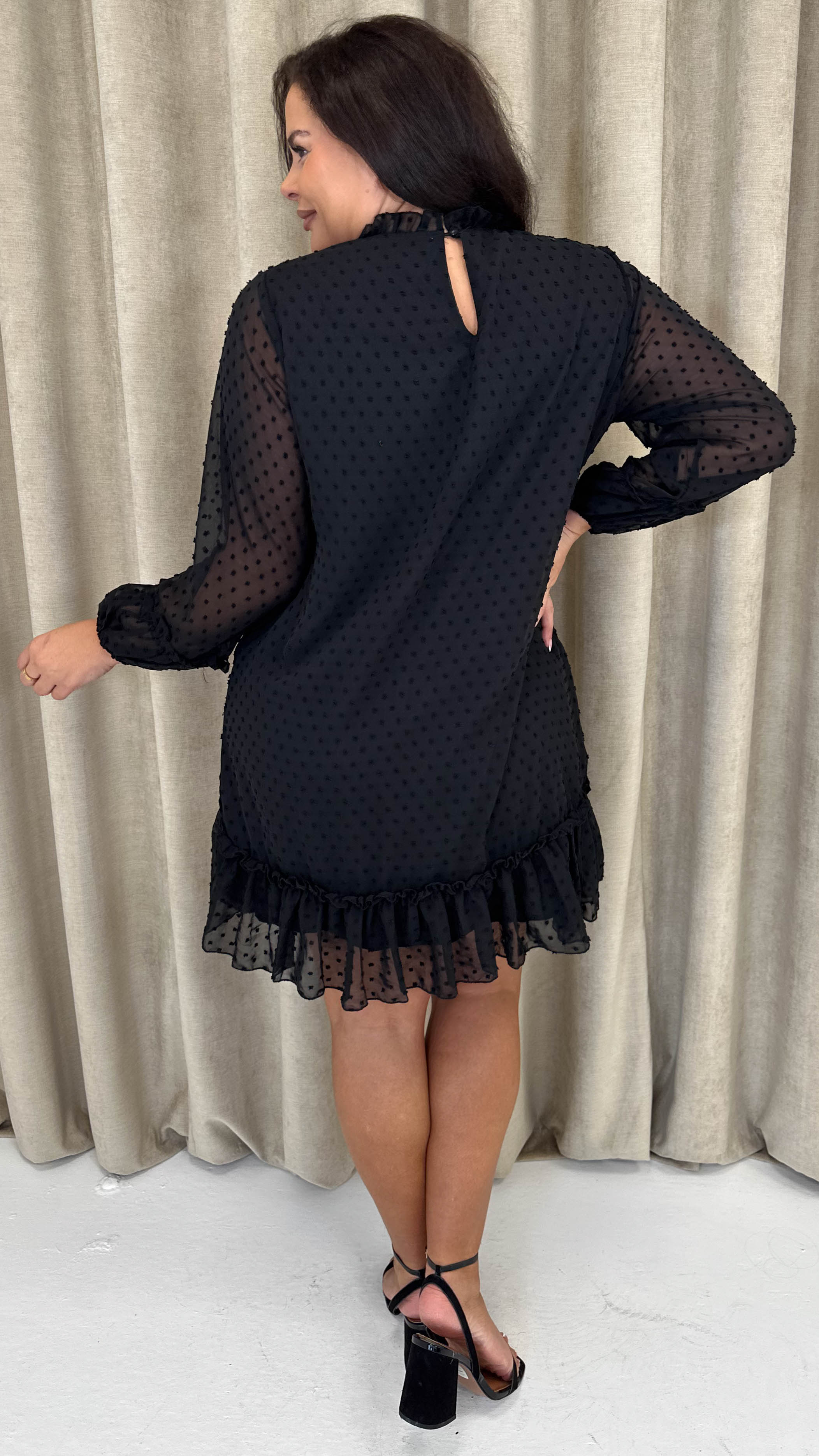 CurveWow High Neck Dobby Mesh Mini Dress Black - Image 9