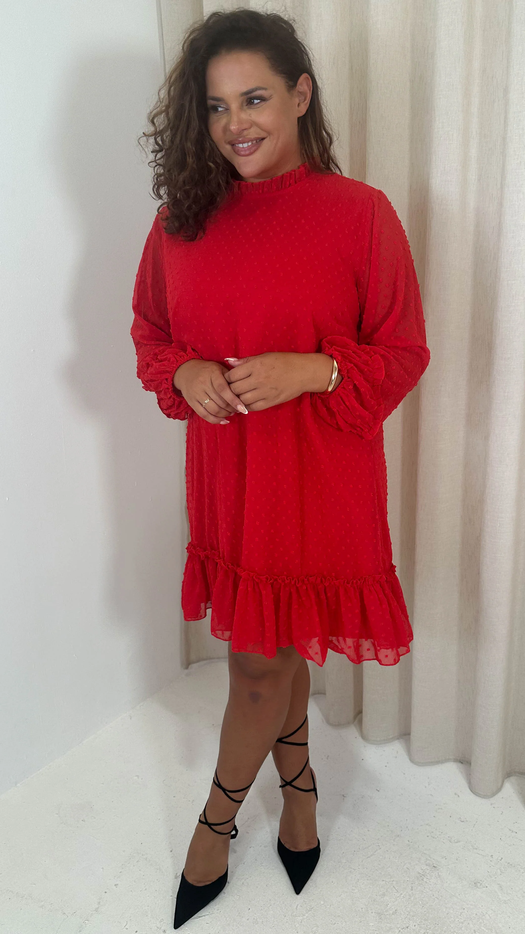CurveWow High Neck Dobby Mesh Mini Dress Red - Image 6