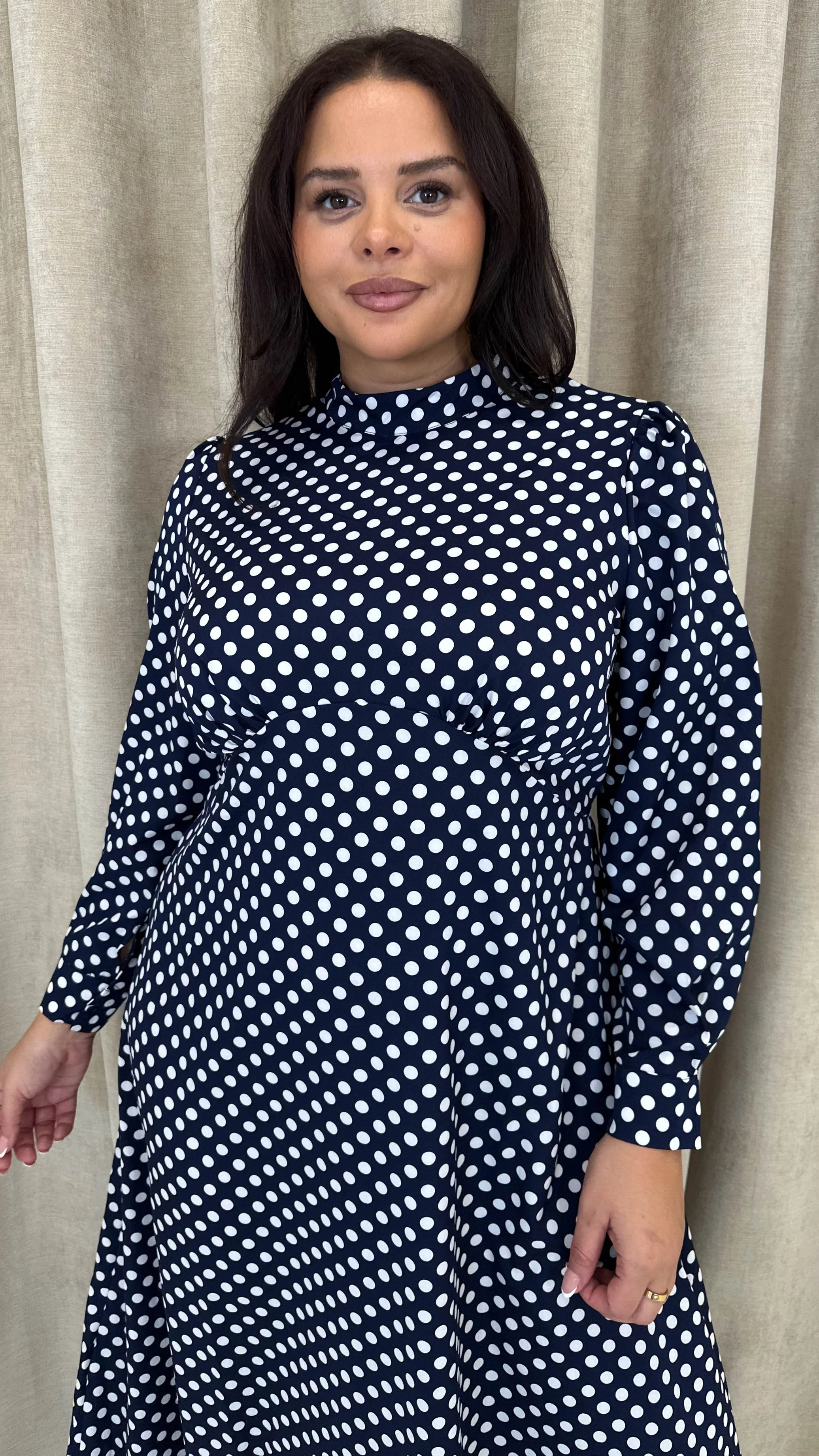 CurveWow High Neck Polka Maxi Dress Navy - Image 2