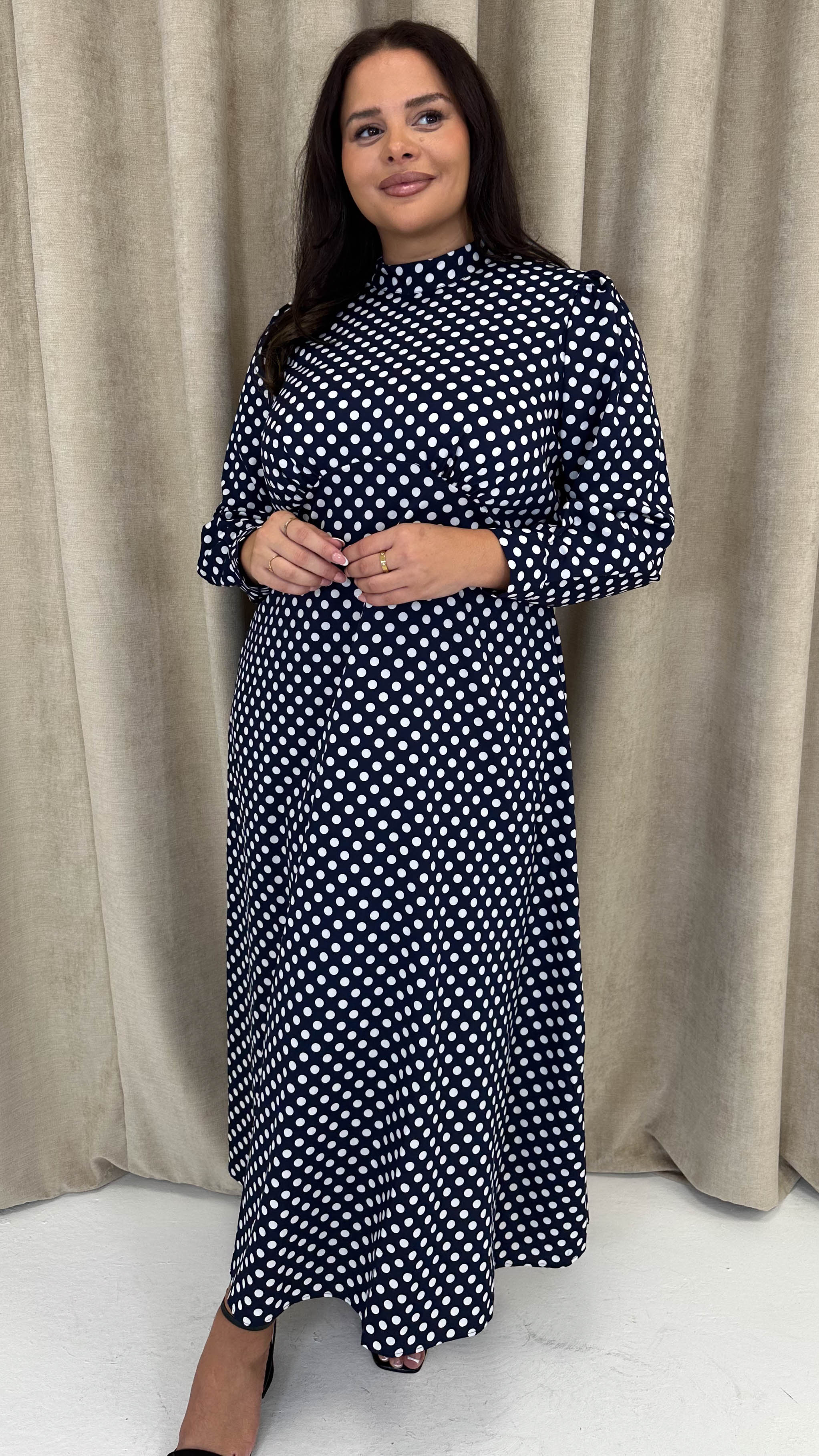 CurveWow High Neck Polka Maxi Dress Navy - Image 3