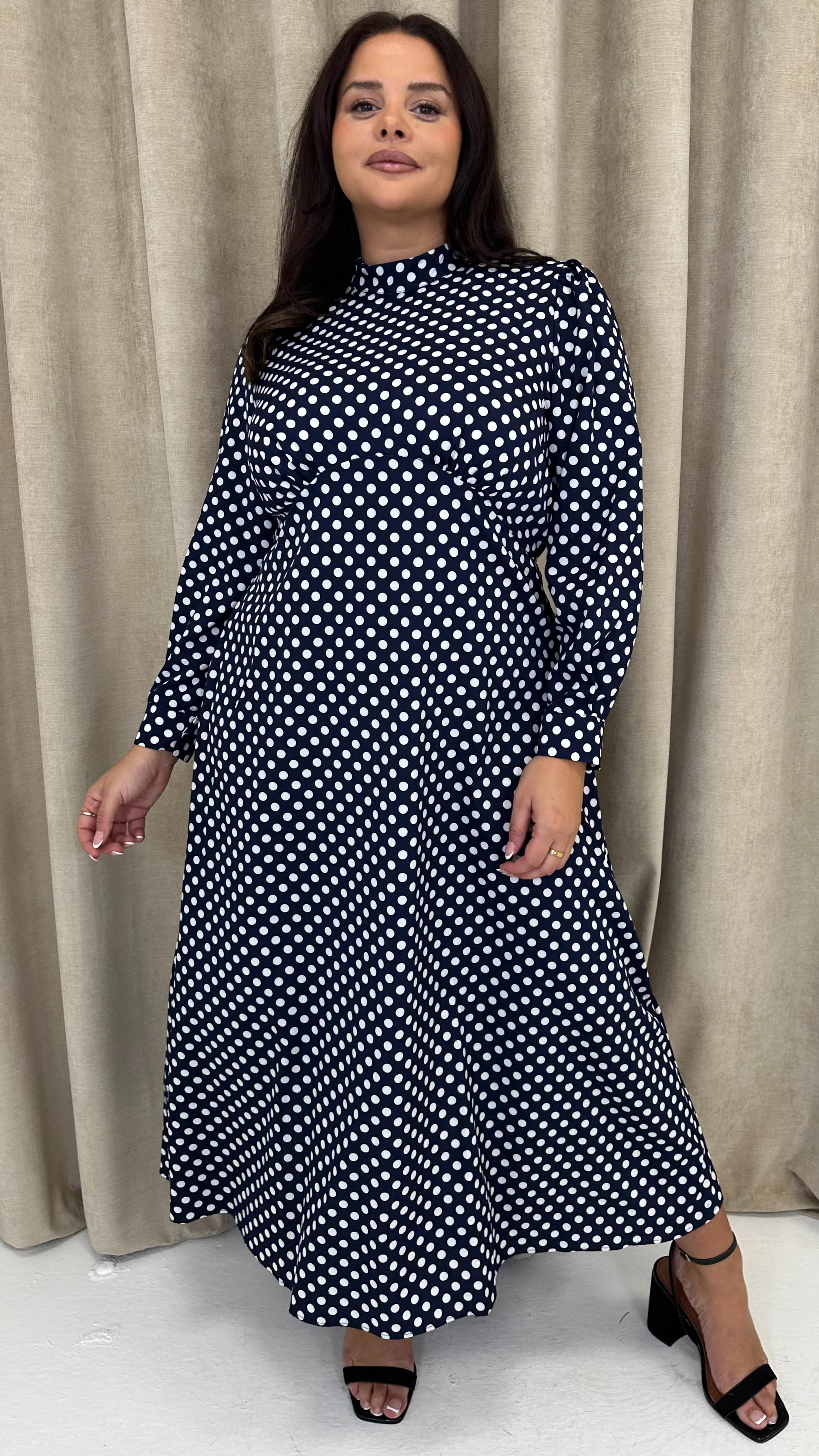 CurveWow High Neck Polka Maxi Dress Navy - Image 4