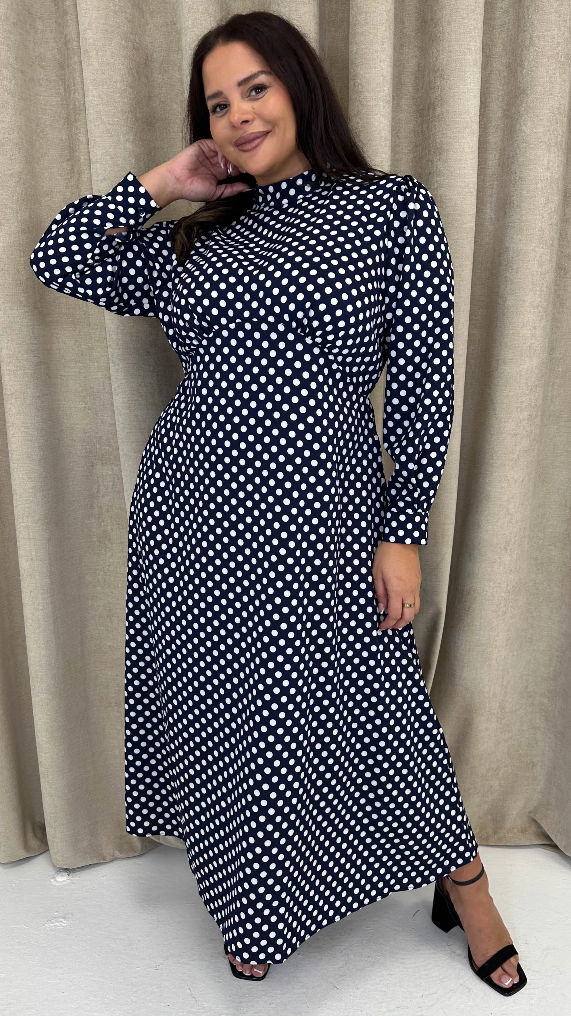 CurveWow High Neck Polka Maxi Dress Navy - Image 5