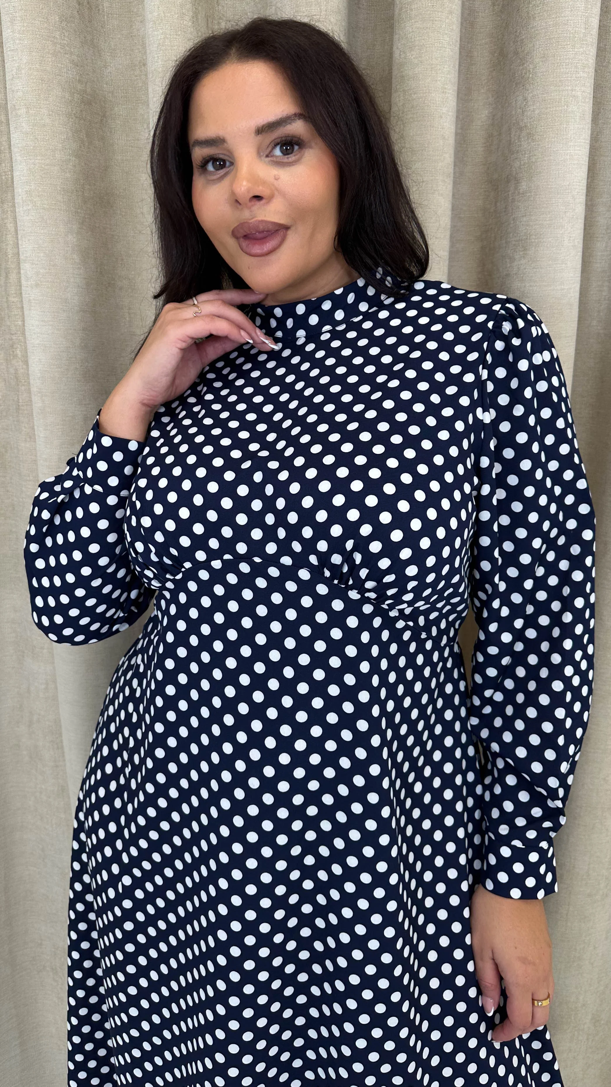 CurveWow High Neck Polka Maxi Dress Navy - Image 6