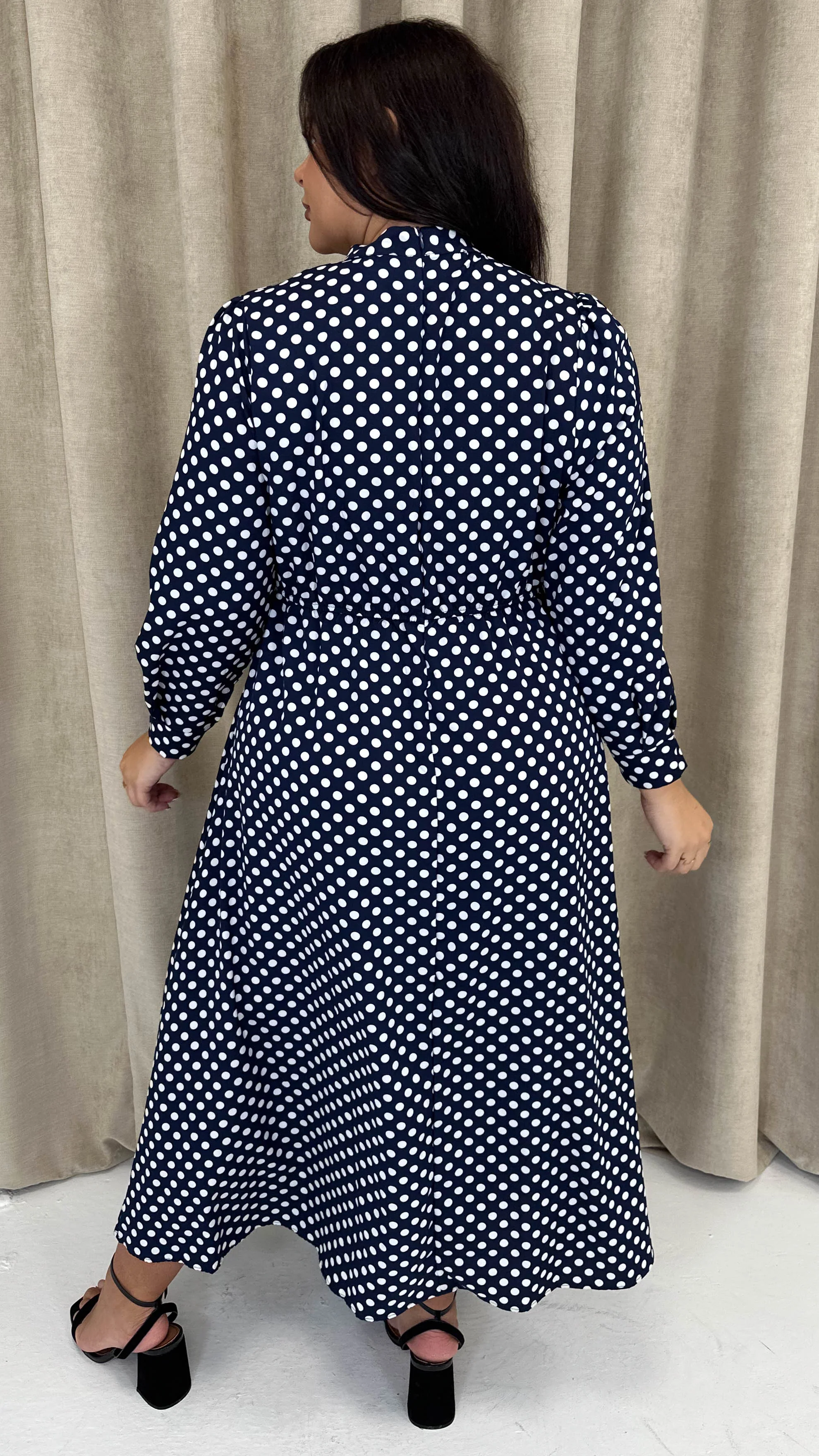 CurveWow High Neck Polka Maxi Dress Navy - Image 9