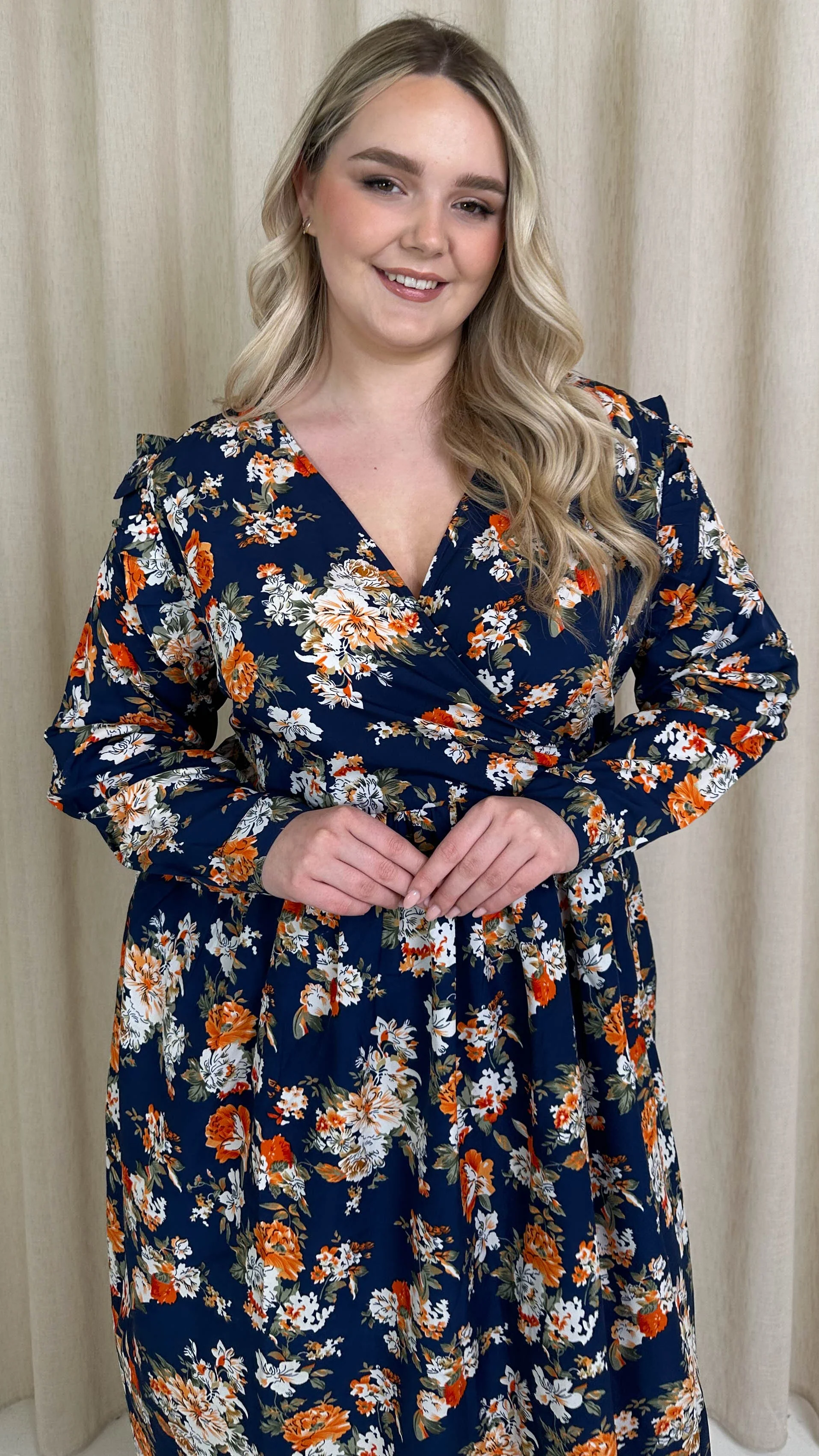 CurveWow Frill Wrap Dress Navy Floral - Image 2