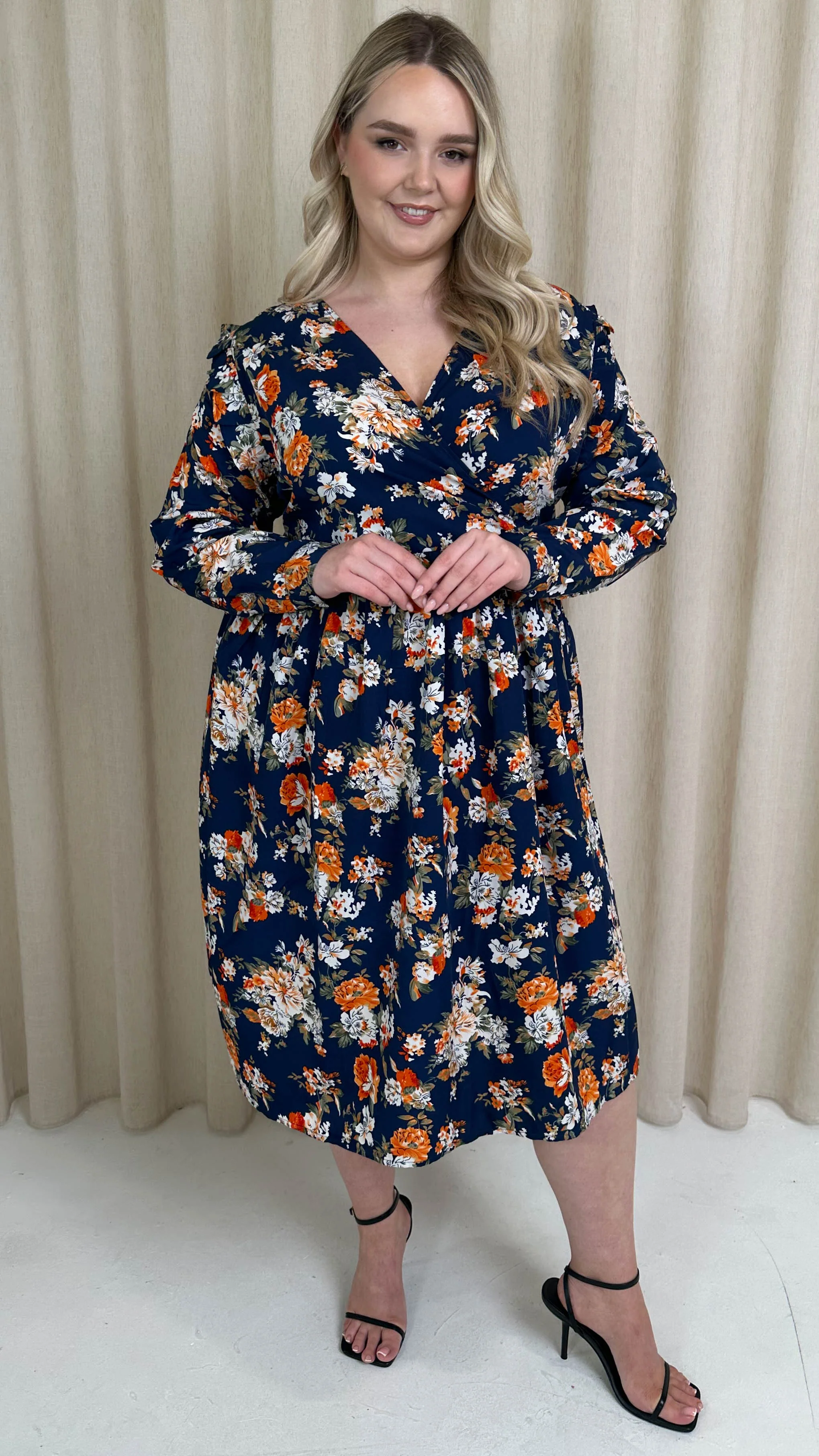 CurveWow Frill Wrap Dress Navy Floral - Image 3