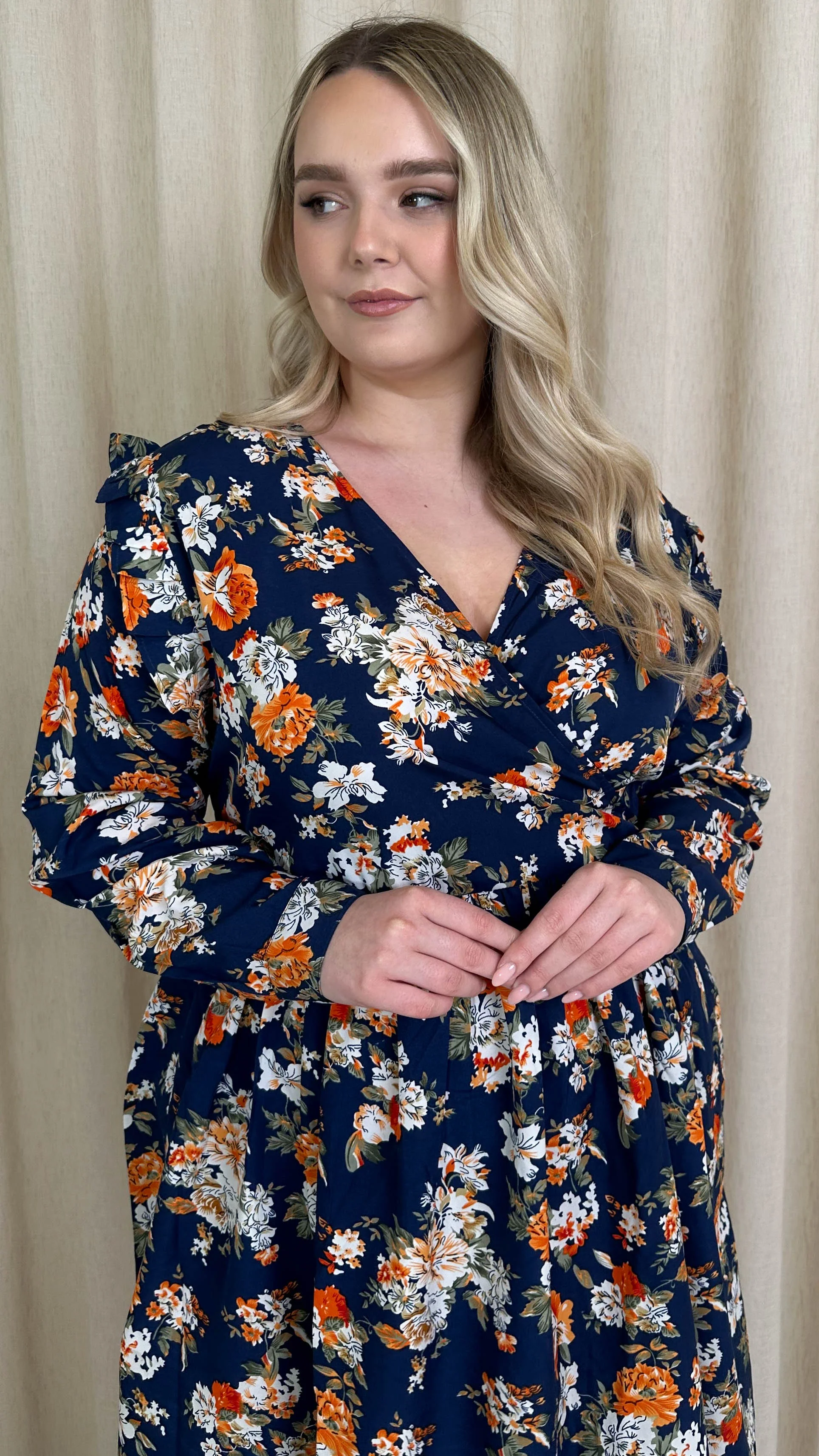 CurveWow Frill Wrap Dress Navy Floral - Image 4