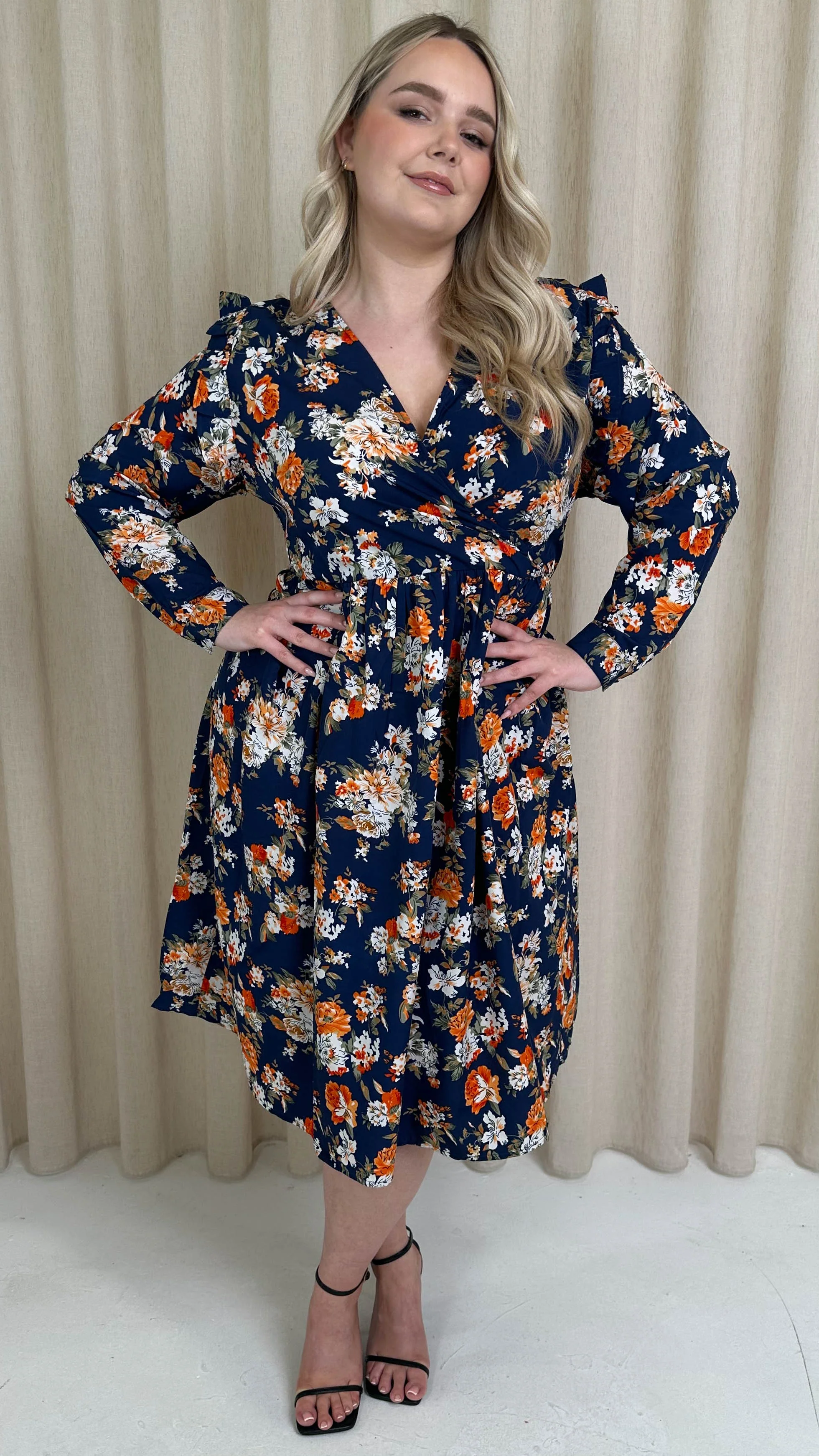 CurveWow Frill Wrap Dress Navy Floral - Image 6