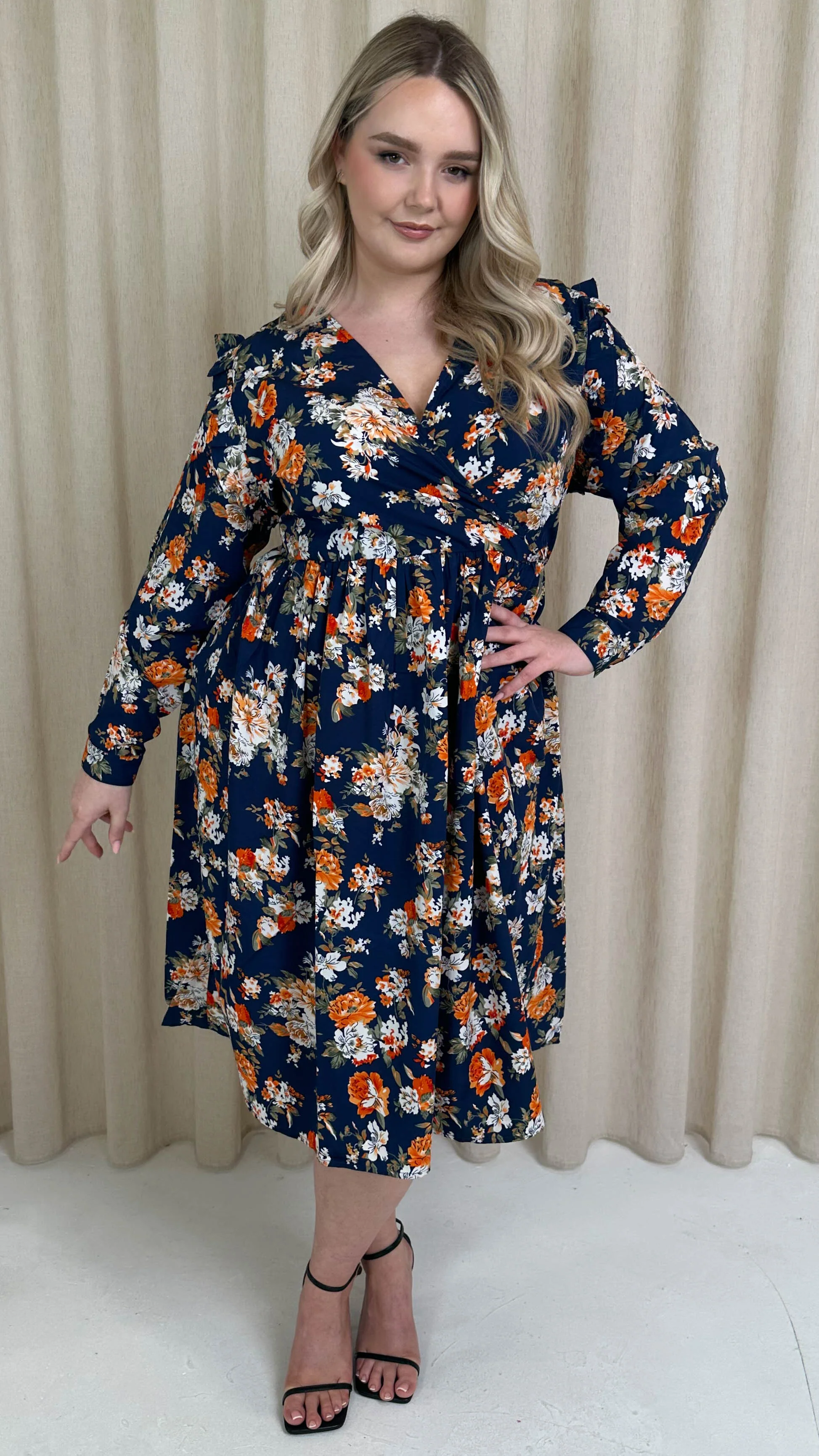 CurveWow Frill Wrap Dress Navy Floral - Image 7