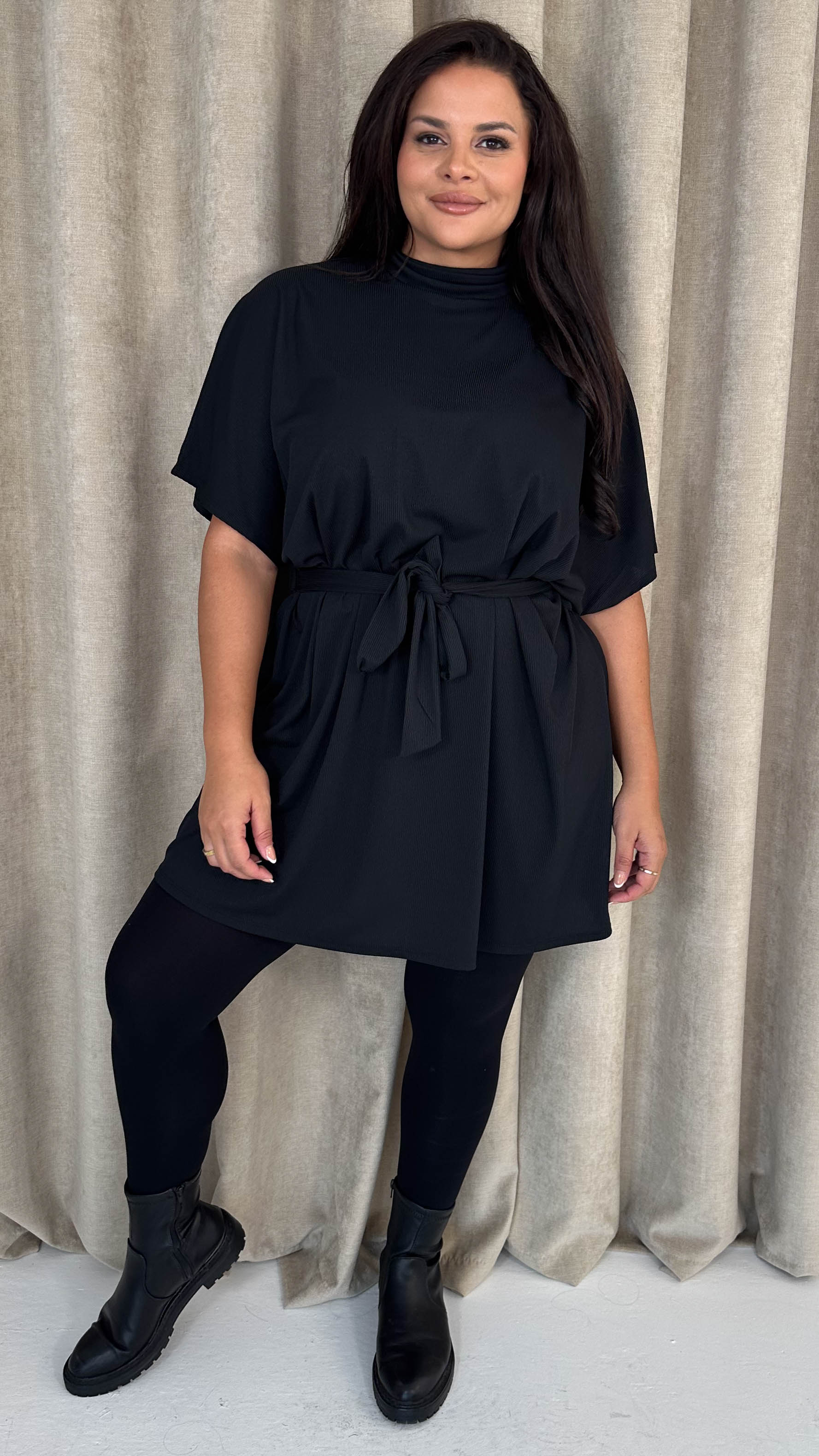 CurveWow High Neck Tie Waist Mini Dress Black - Image 2