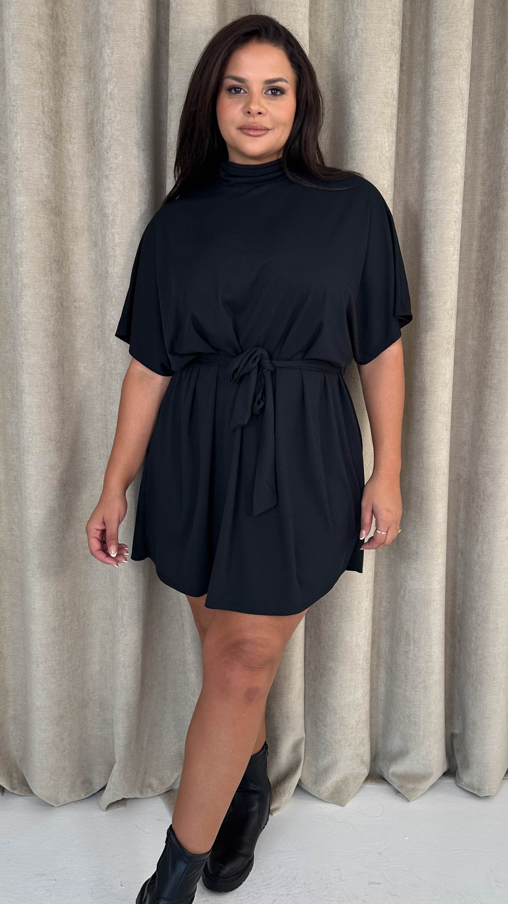 CurveWow High Neck Tie Waist Mini Dress Black - Image 4