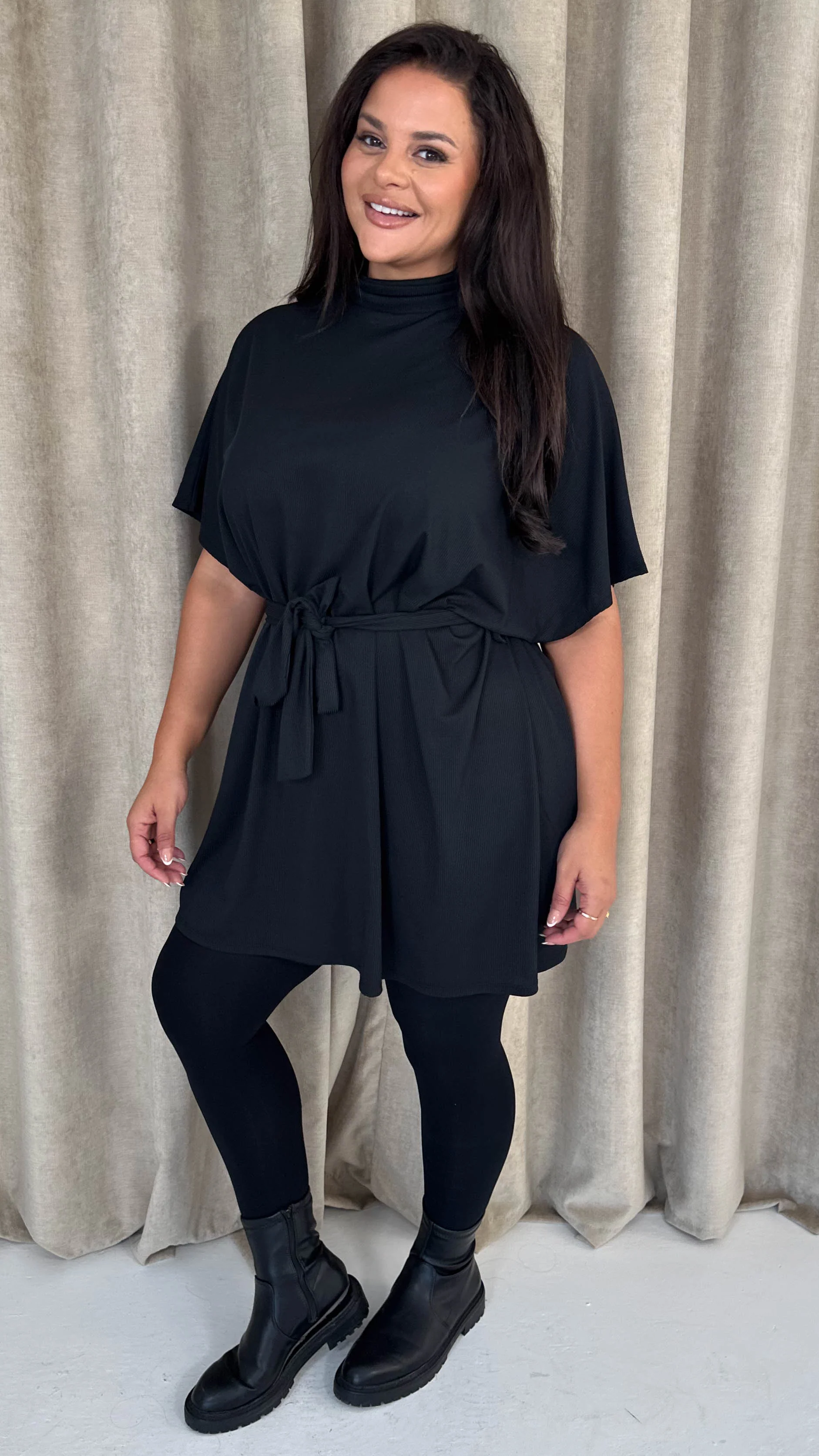CurveWow High Neck Tie Waist Mini Dress Black - Image 5