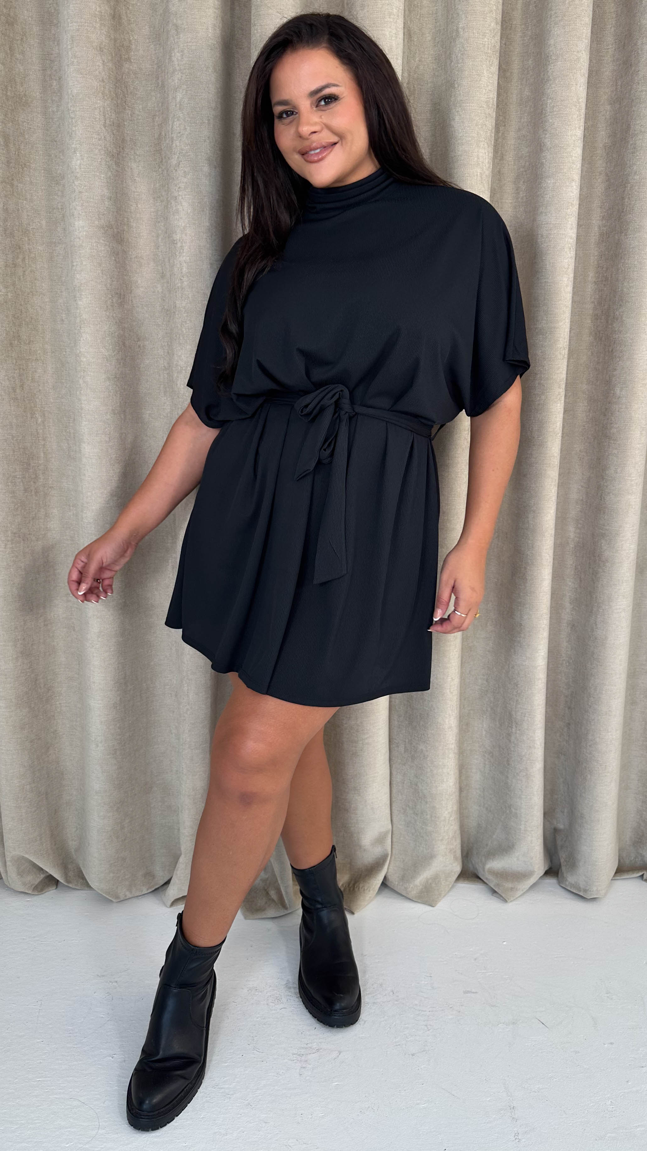 CurveWow High Neck Tie Waist Mini Dress Black - Image 6
