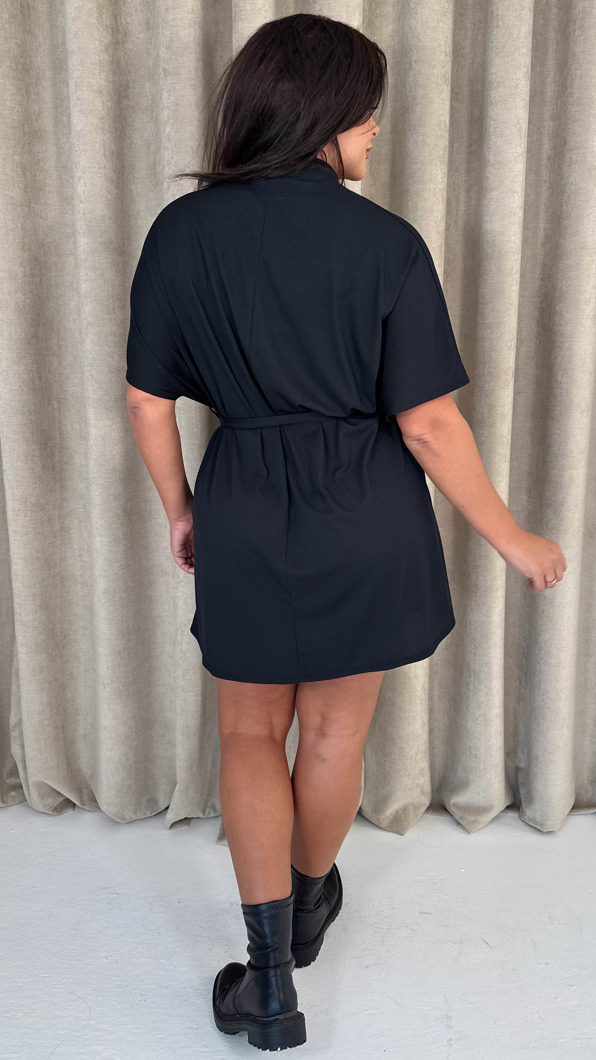 CurveWow High Neck Tie Waist Mini Dress Black - Image 7
