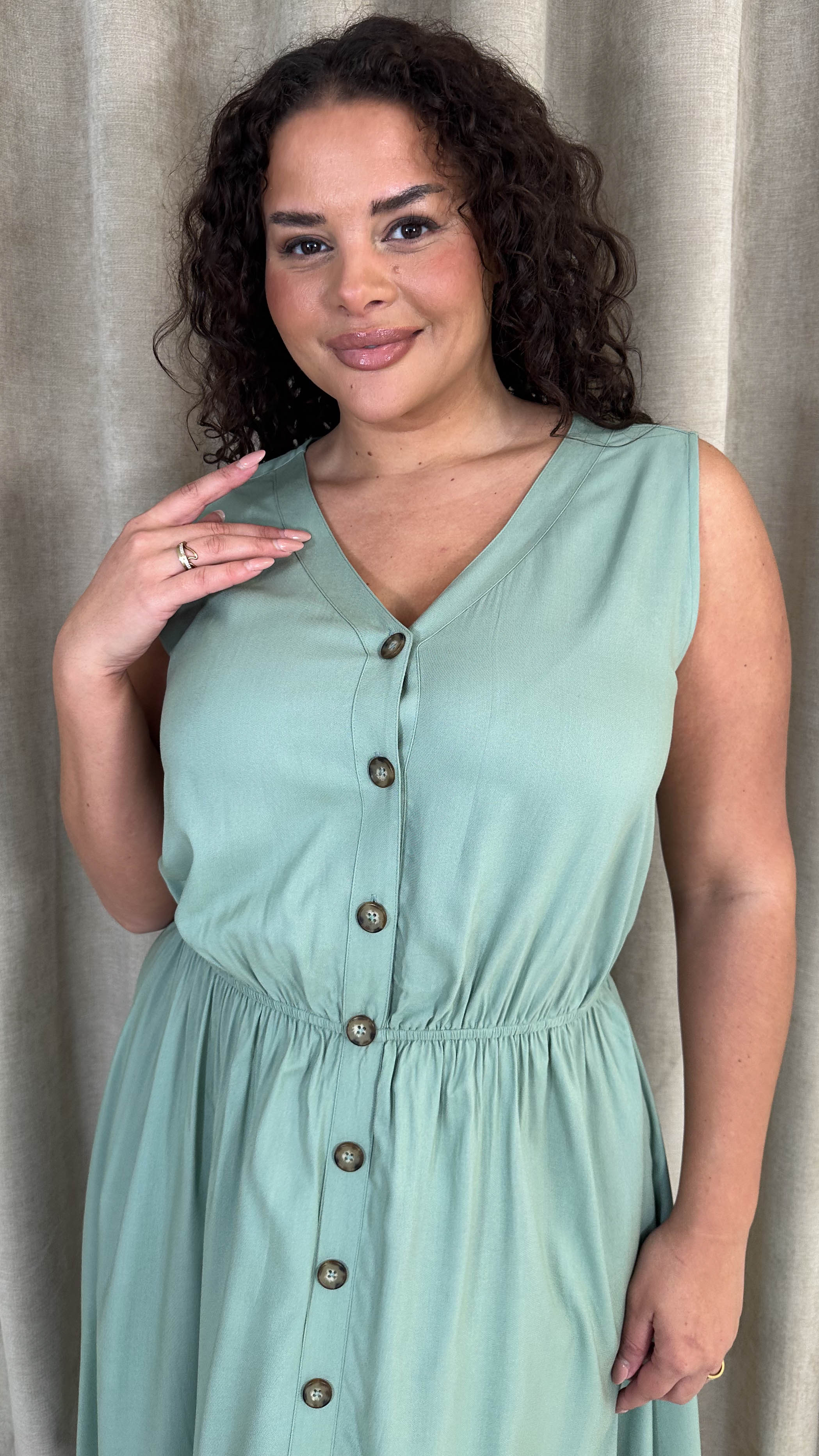 CurveWow Button Front Sundress Sage Green - Image 2
