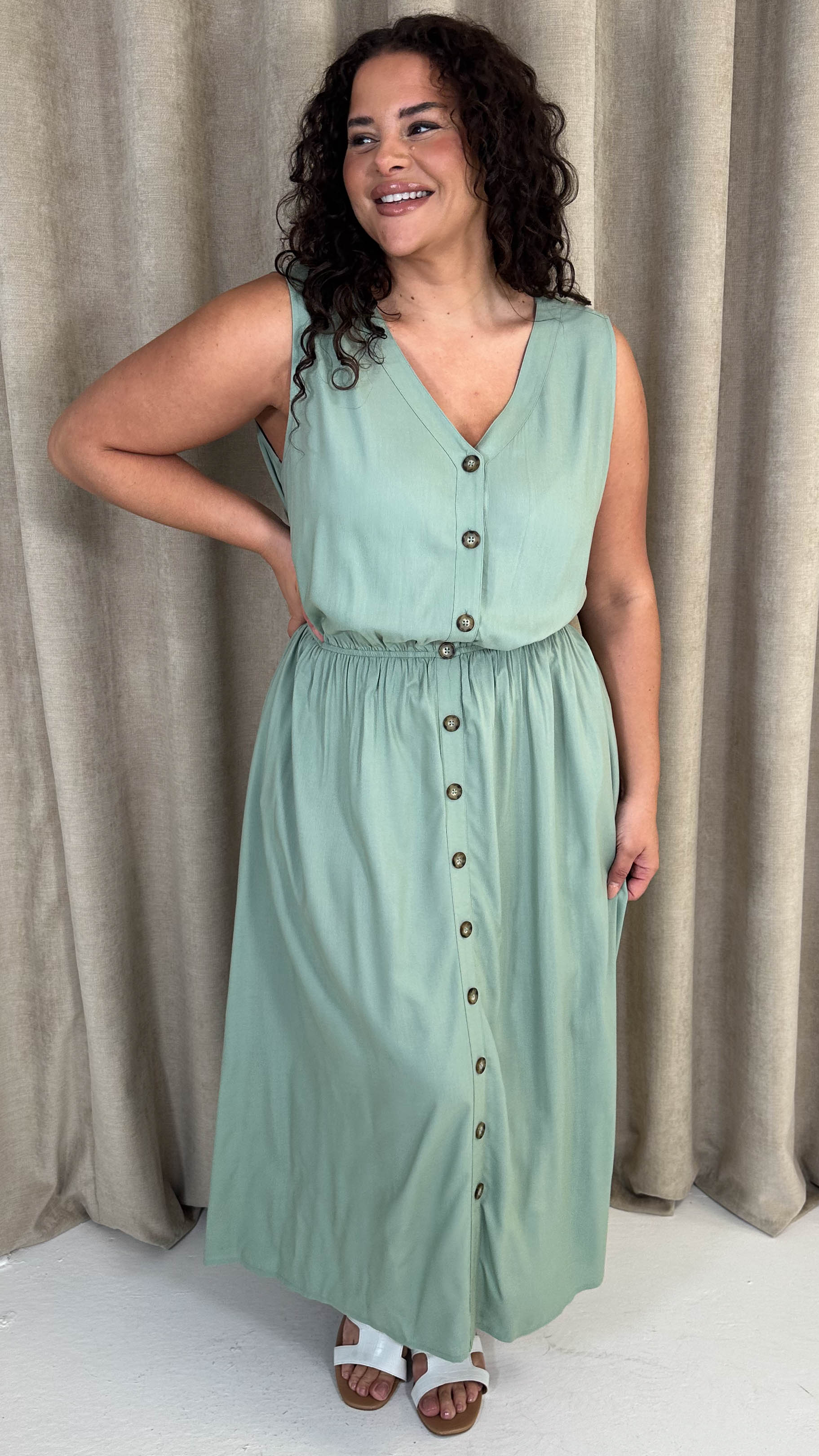 CurveWow Button Front Sundress Sage Green - Image 3