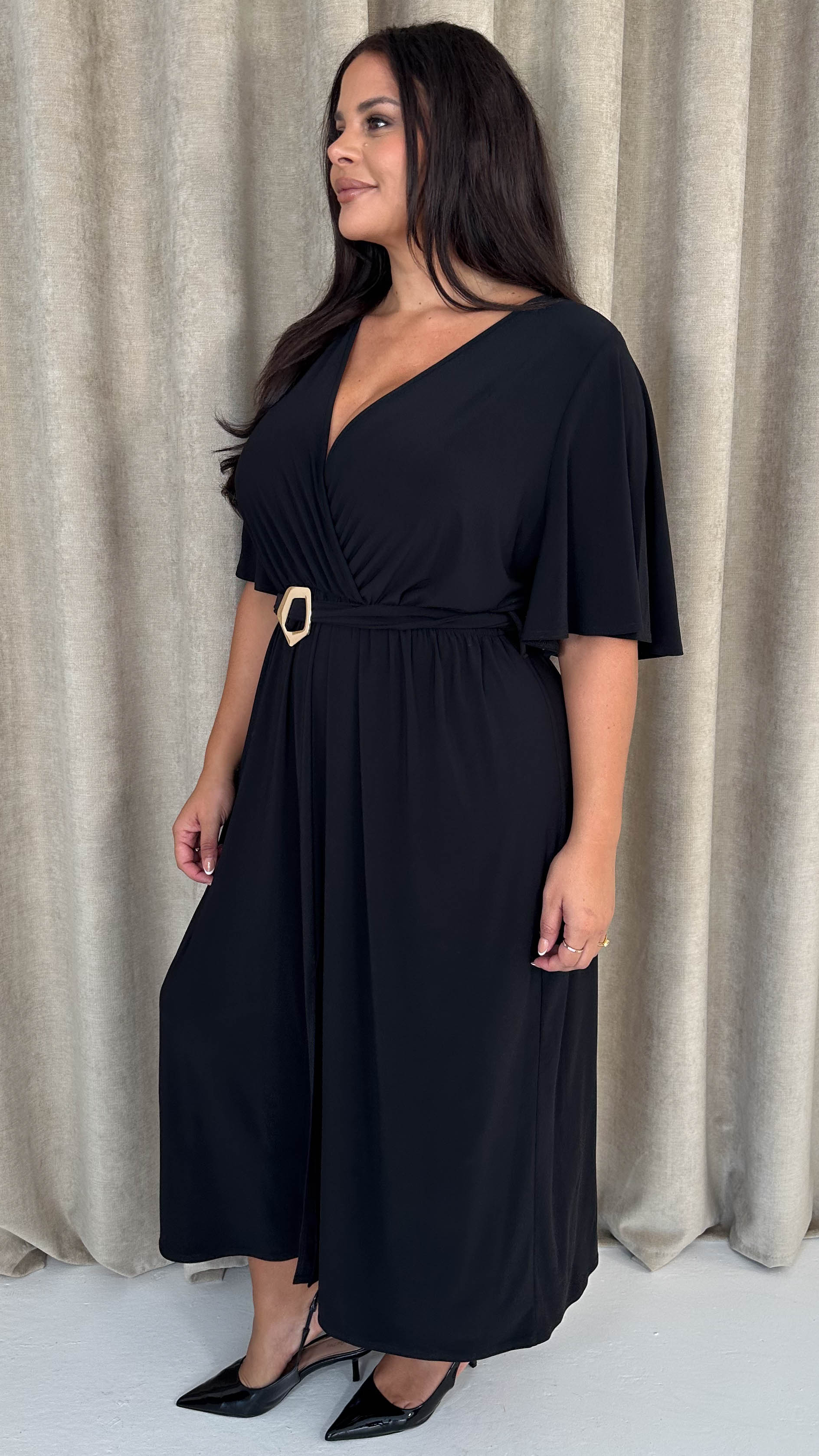 CurveWow Irregular Buckle Split Front Wrap Dress Black - Image 6