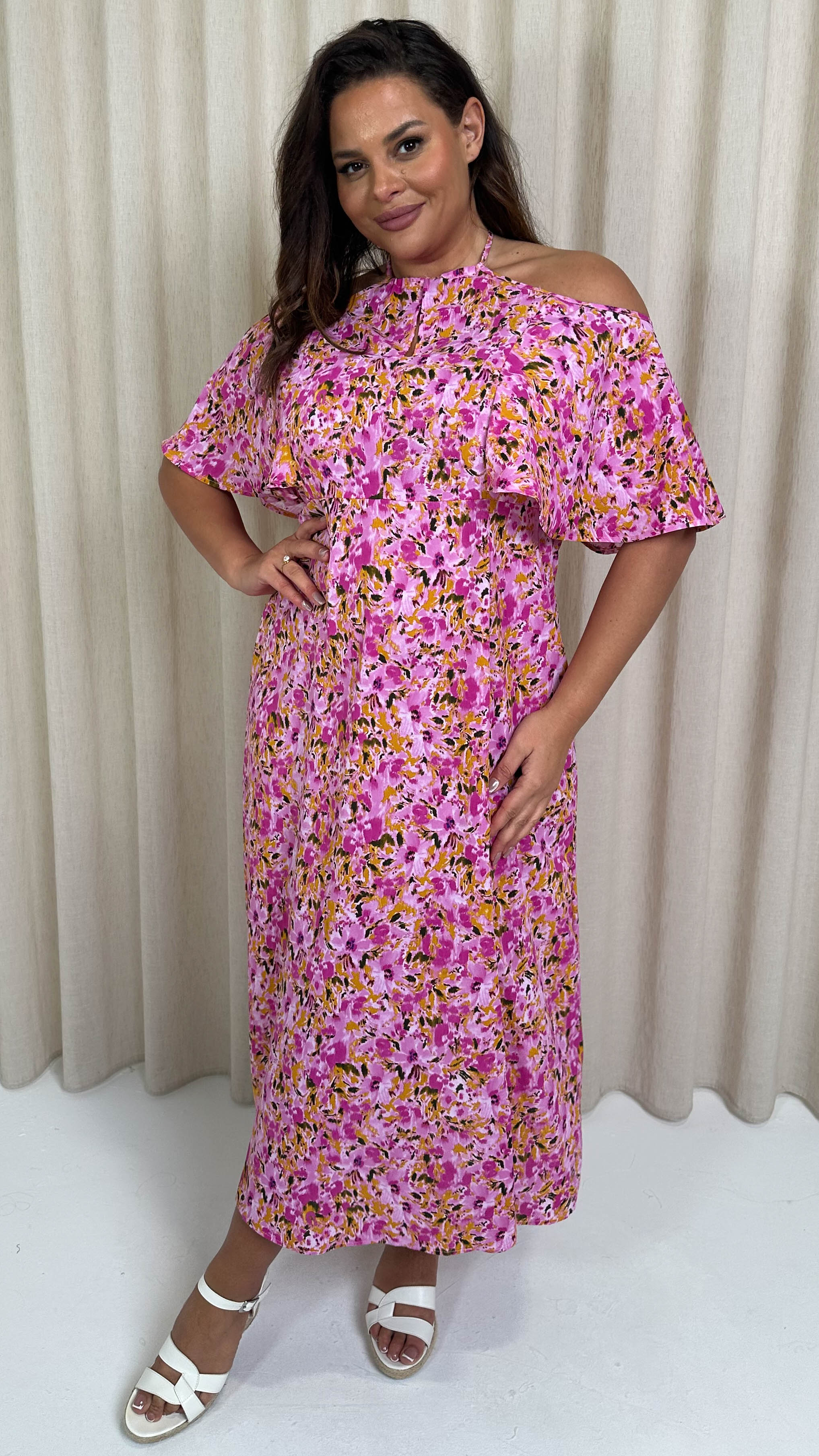 CurveWow Keyhole Cold Shoulder Midi Dress Pink Floral - Image 6