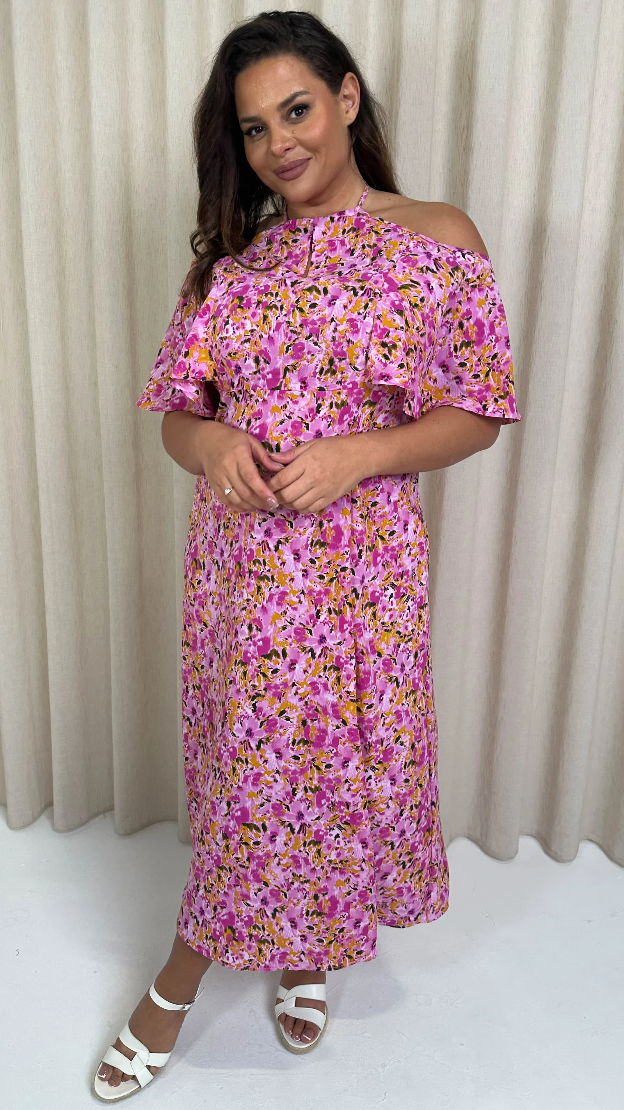 CurveWow Keyhole Cold Shoulder Midi Dress Pink Floral - Image 8